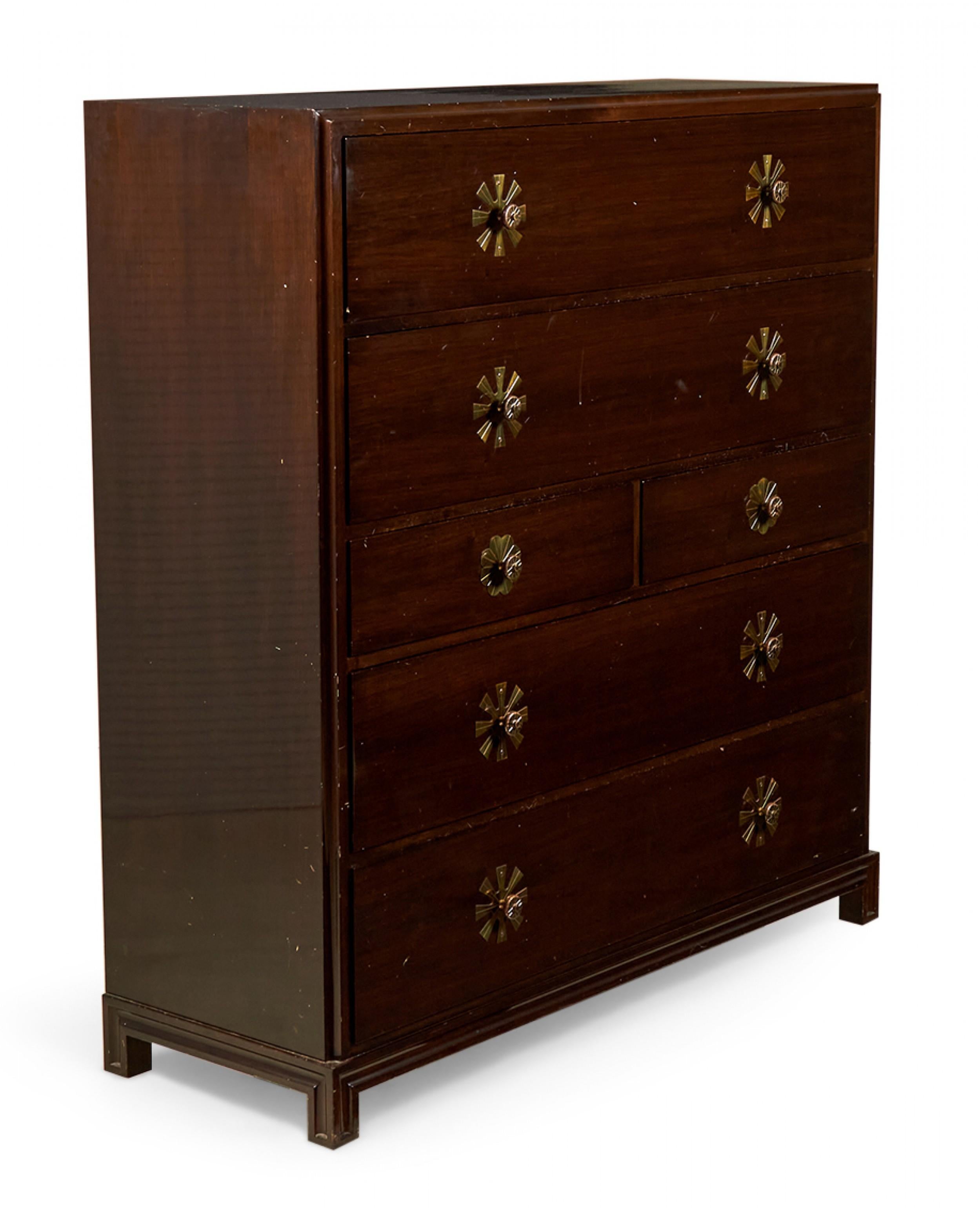 Tommi Parzinger for Charak Originals Mahogany and Brass High Chest For Sale 1