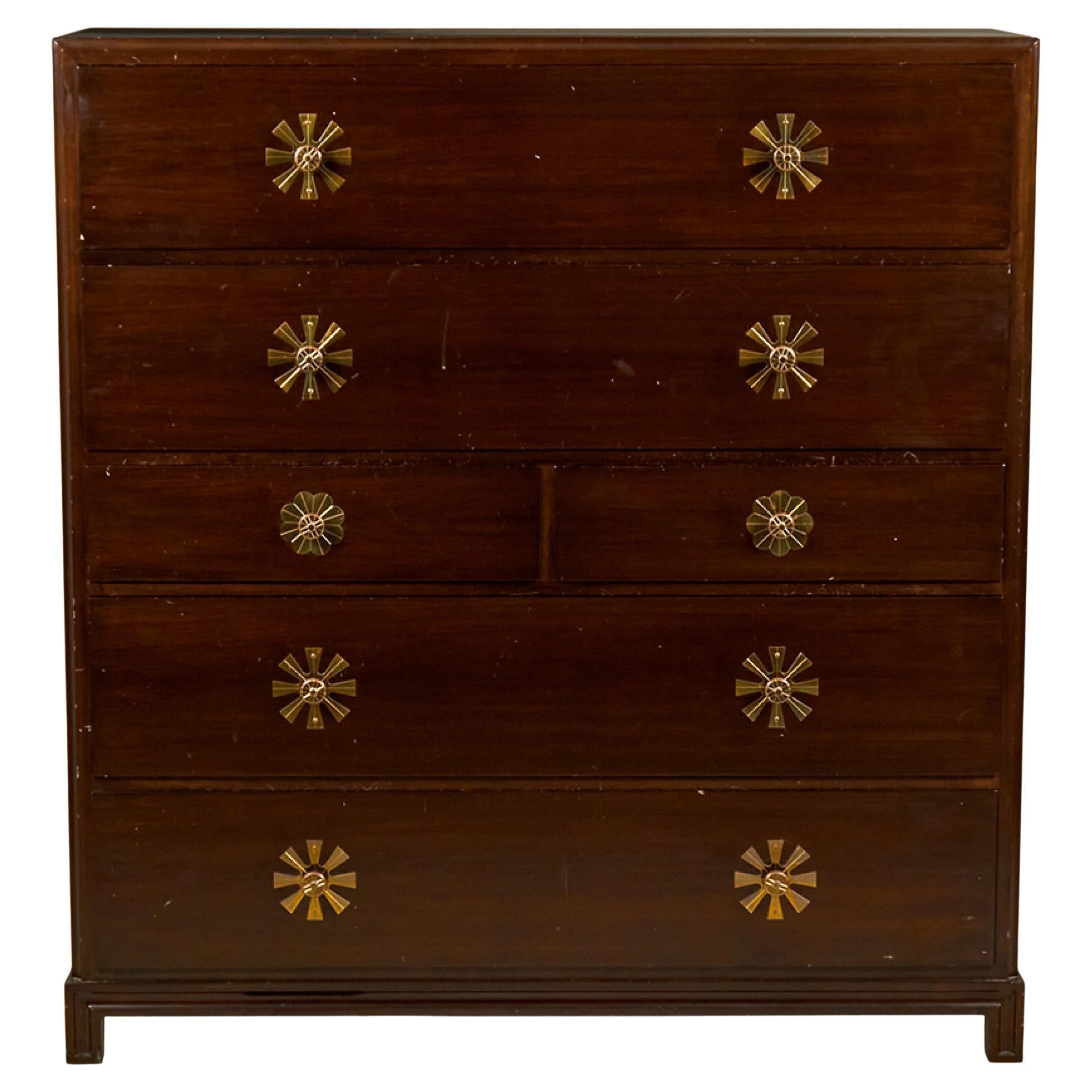 Tommi Parzinger for Charak Originals Mahogany and Brass High Chest For Sale