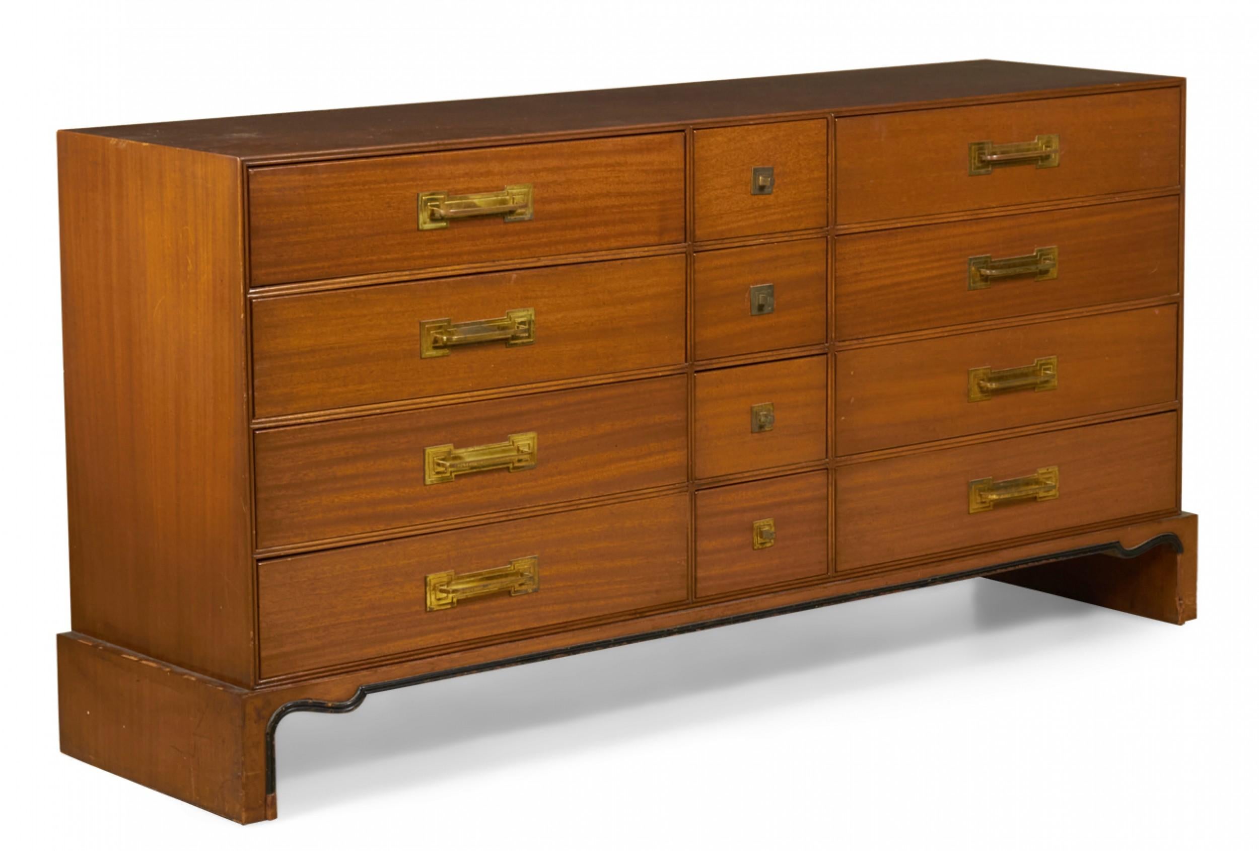 Metal Tommi Parzinger for Charak Walnut and Brass Twelve Drawer Chest For Sale