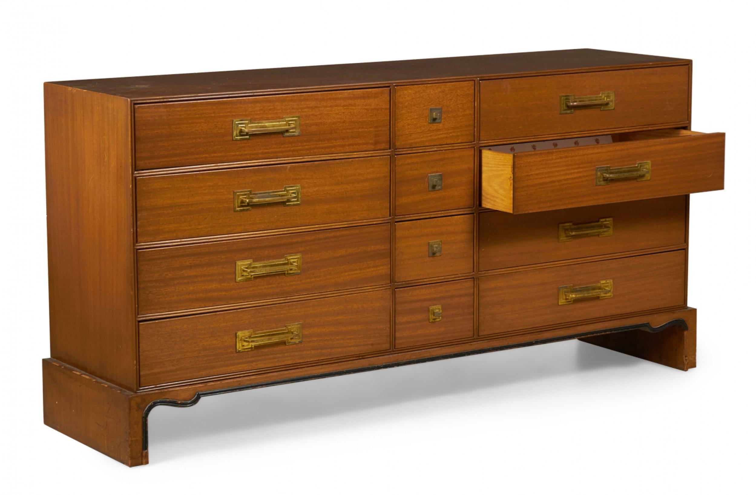 Tommi Parzinger for Charak Walnut and Brass Twelve Drawer Chest For Sale 1