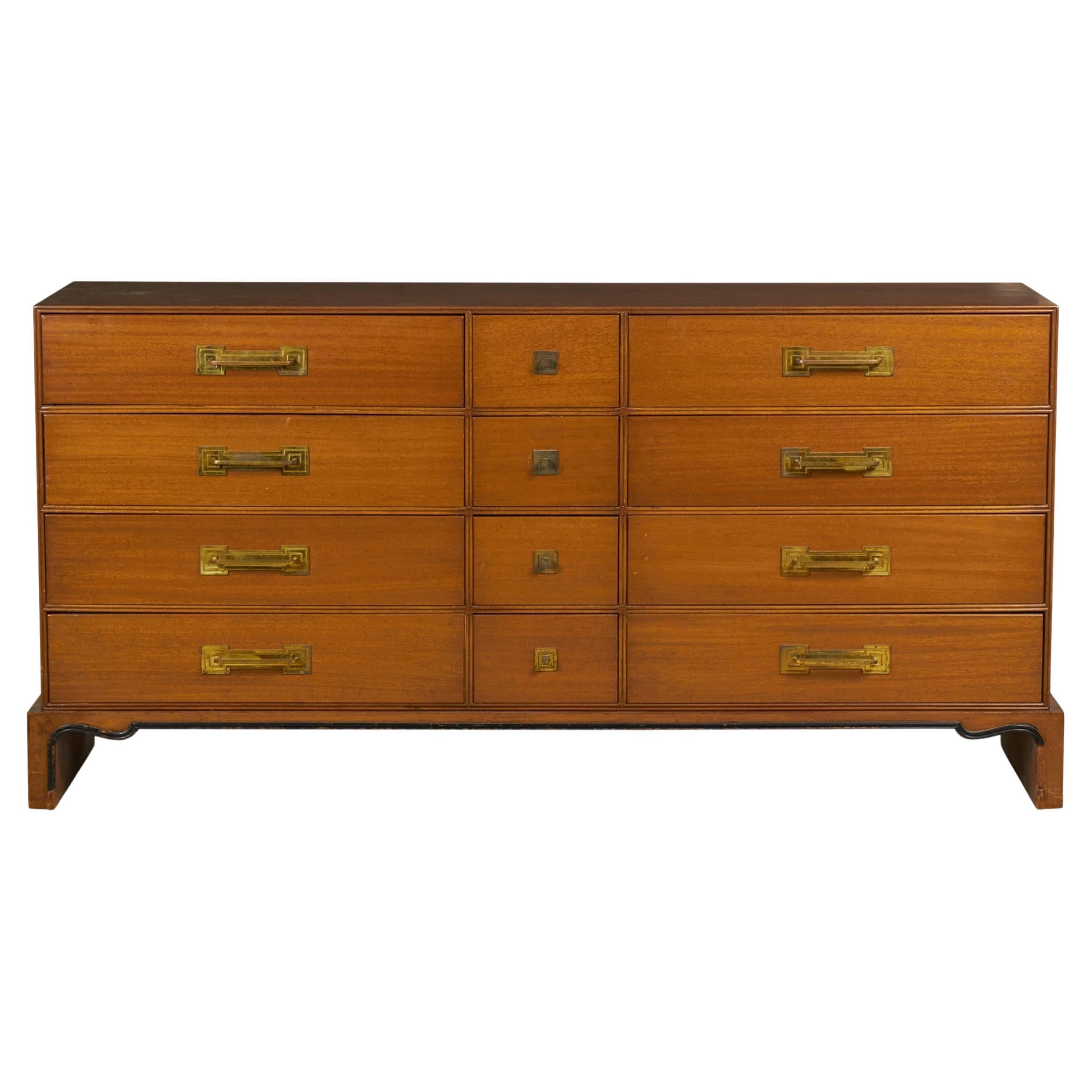 Tommi Parzinger for Charak Walnut and Brass Twelve Drawer Chest For Sale