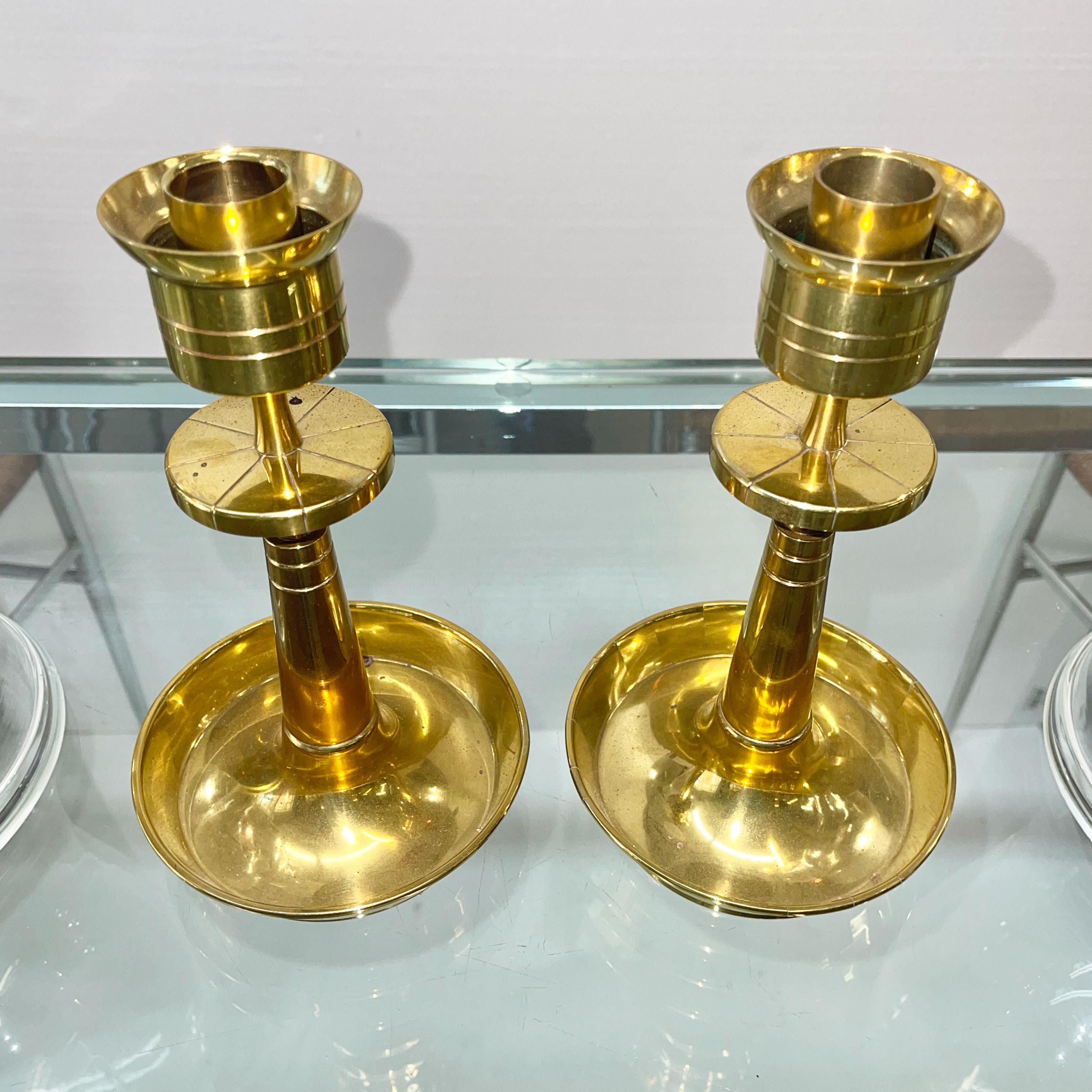 Tommi Parzinger for Dorlyn Brass Candleholders in Hurricane Shades For Sale 4