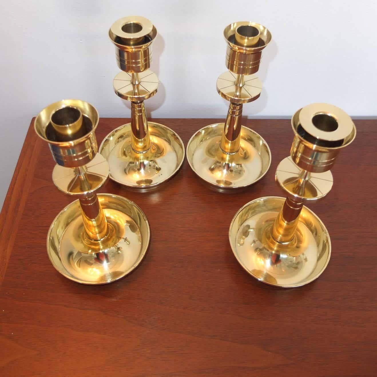 Tommi Parzinger for Dorlyn Brass Candleholders in Hurricane Shades For Sale 8
