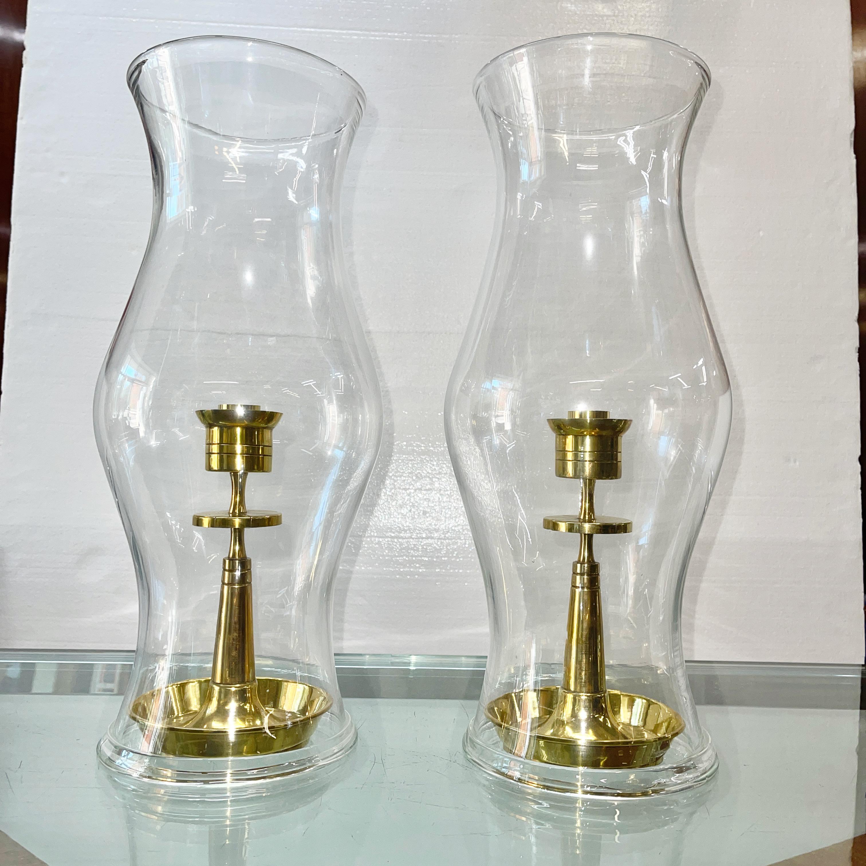 Mid-Century Modern Tommi Parzinger for Dorlyn Brass Candleholders in Hurricane Shades For Sale