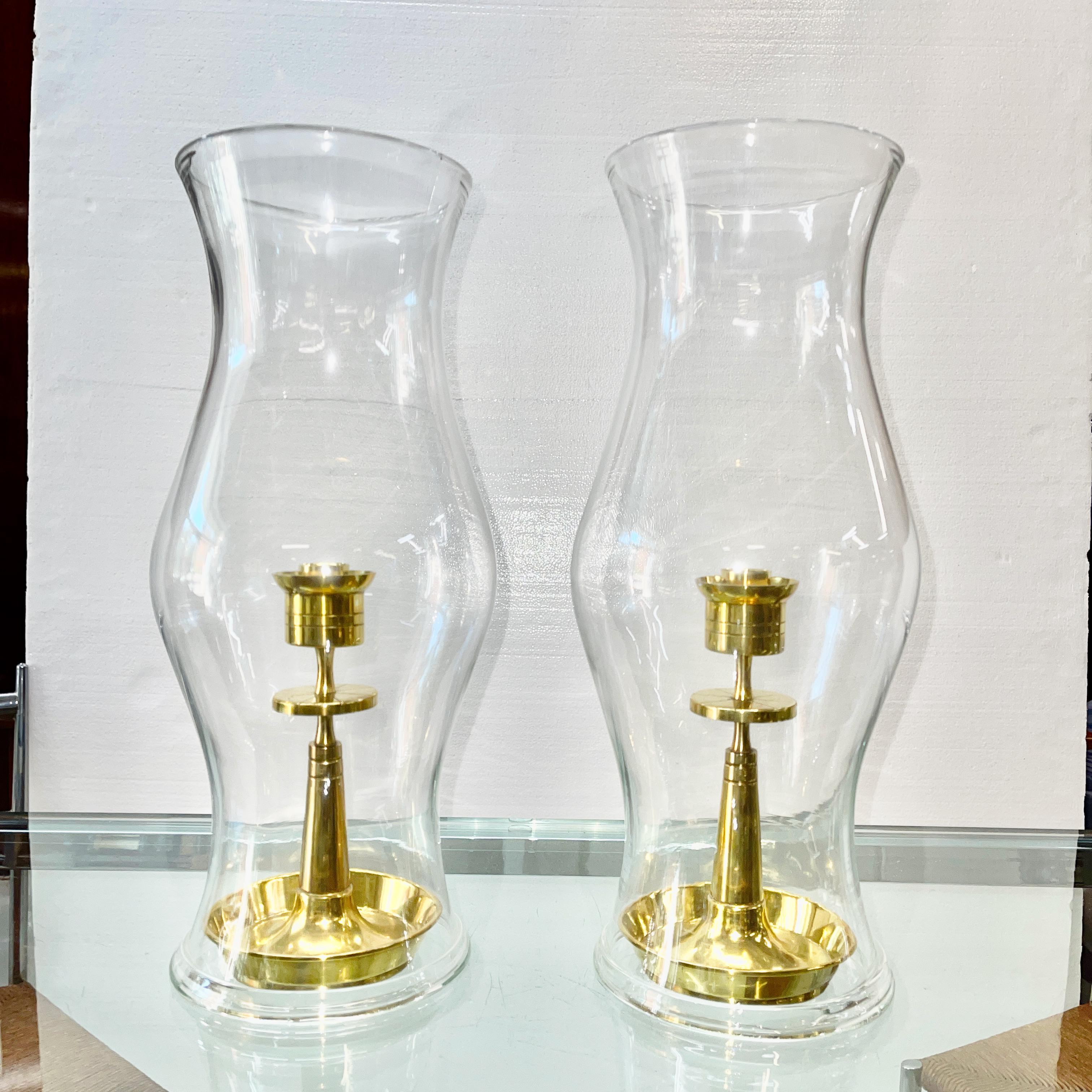 American Tommi Parzinger for Dorlyn Brass Candleholders in Hurricane Shades For Sale