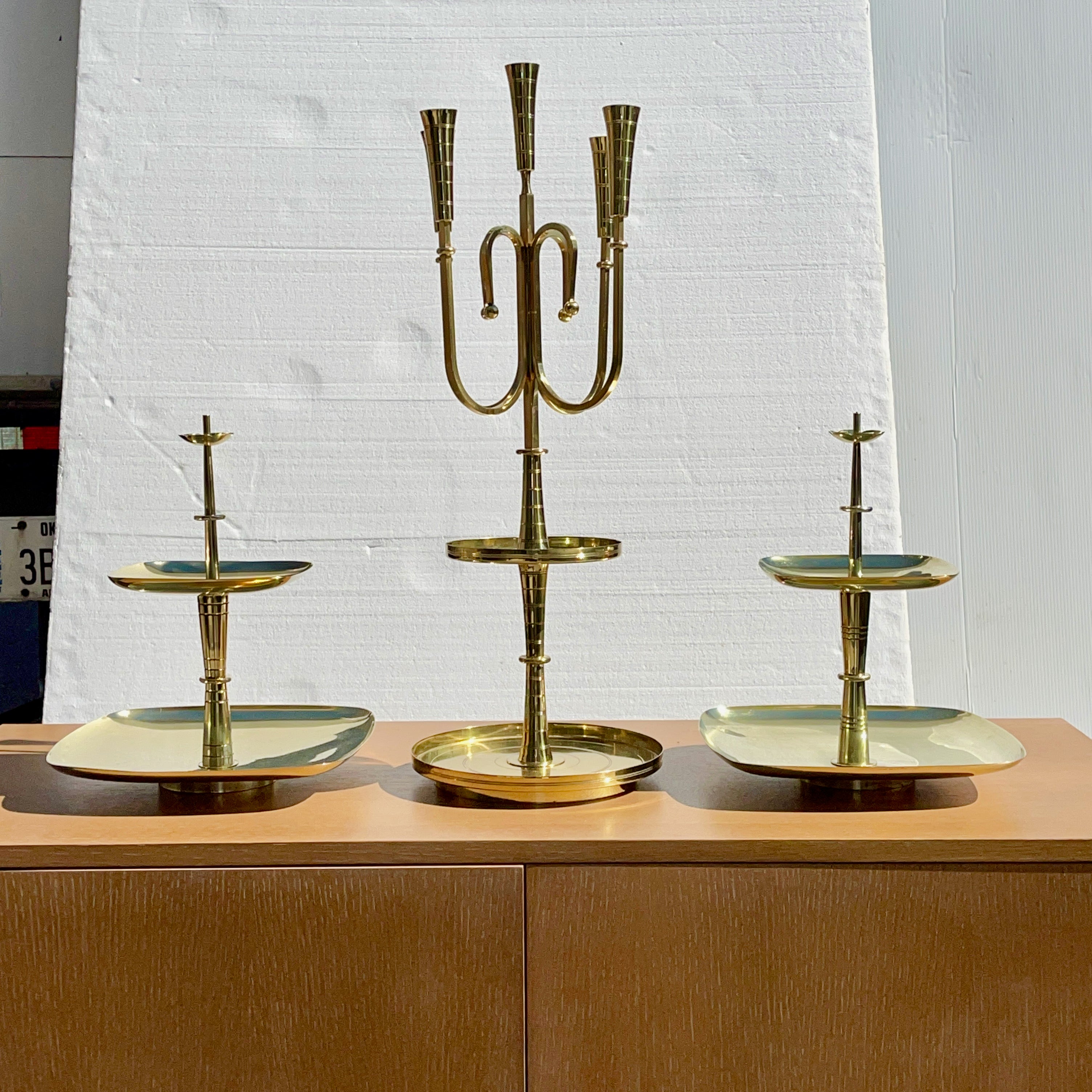 Mid-Century Modern Tommi Parzinger for Dorlyn Silversmiths Candelabrum & Pair Serving Trays For Sale