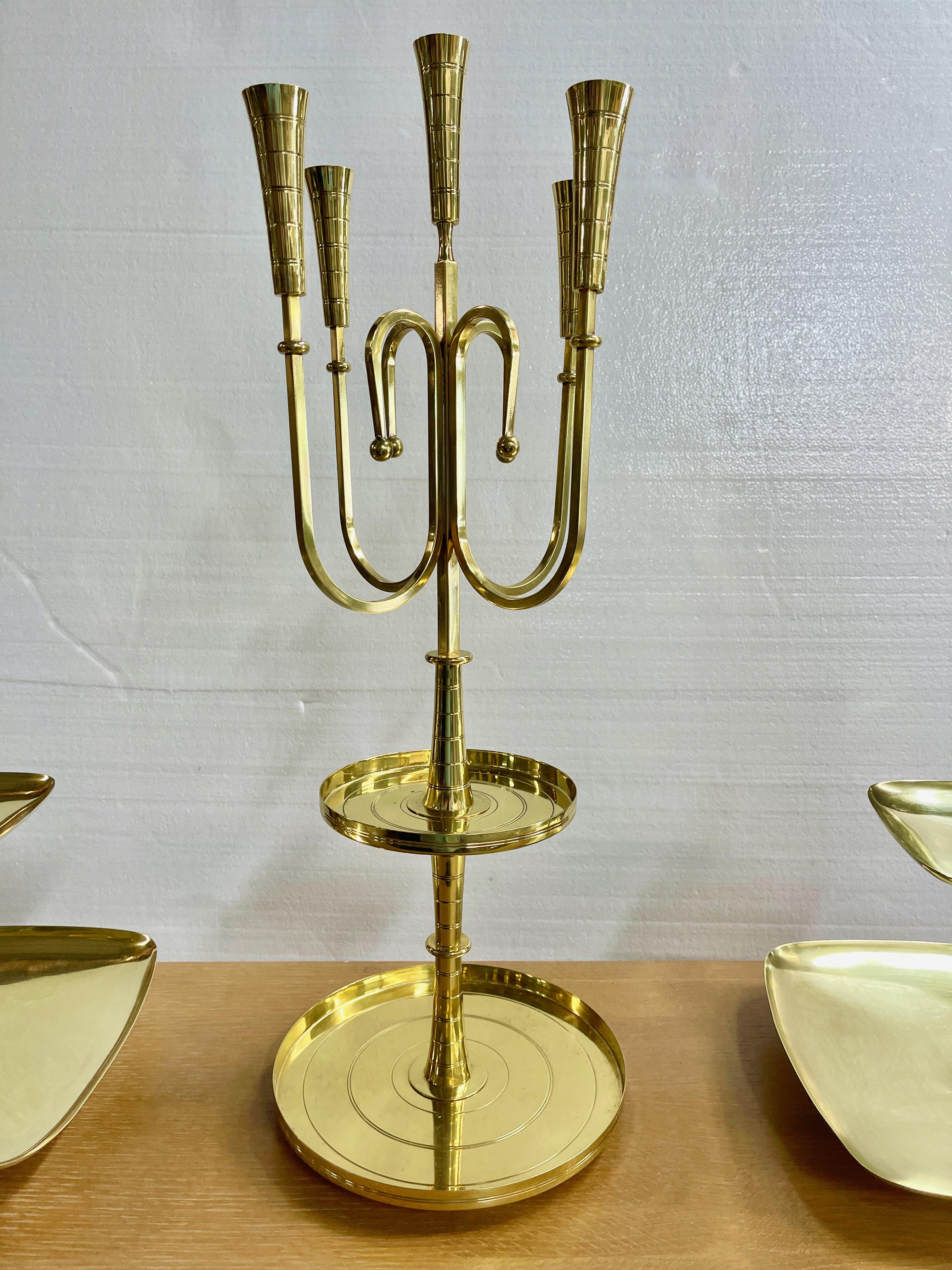 Tommi Parzinger for Dorlyn Silversmiths Candelabrum & Pair Serving Trays In Good Condition For Sale In Hanover, MA