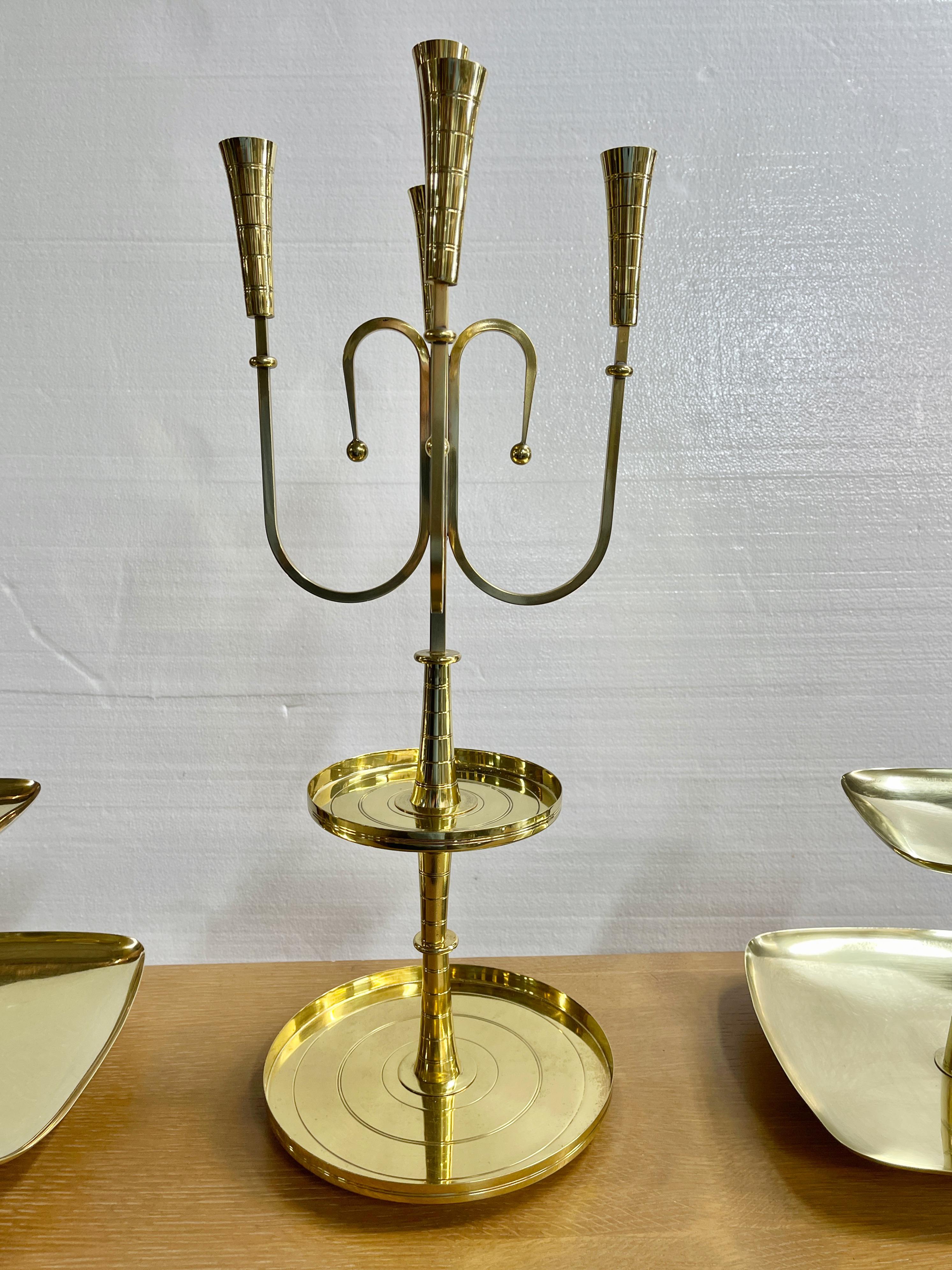 Mid-20th Century Tommi Parzinger for Dorlyn Silversmiths Candelabrum & Pair Serving Trays For Sale