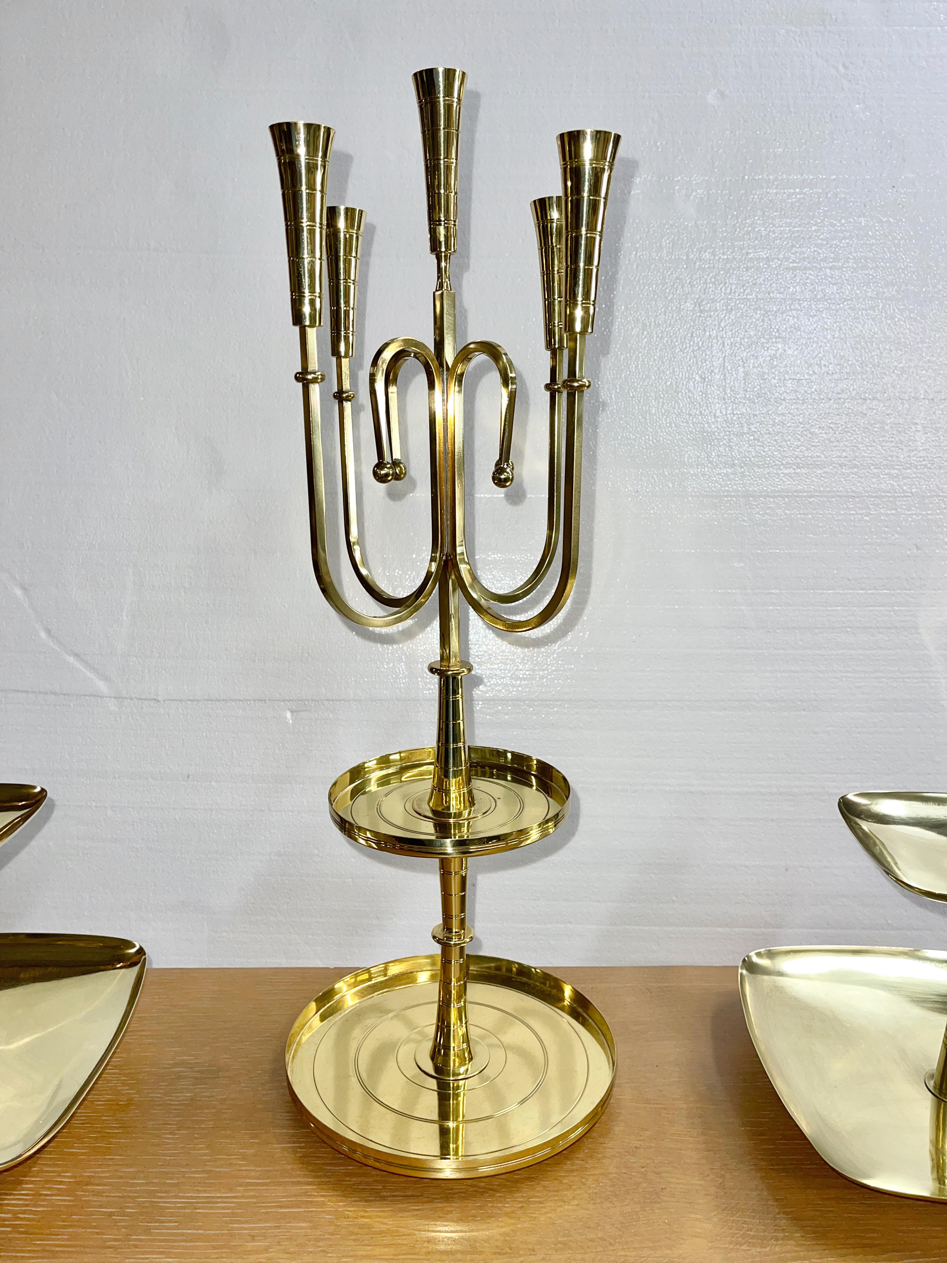 Brass Tommi Parzinger for Dorlyn Silversmiths Candelabrum & Pair Serving Trays For Sale