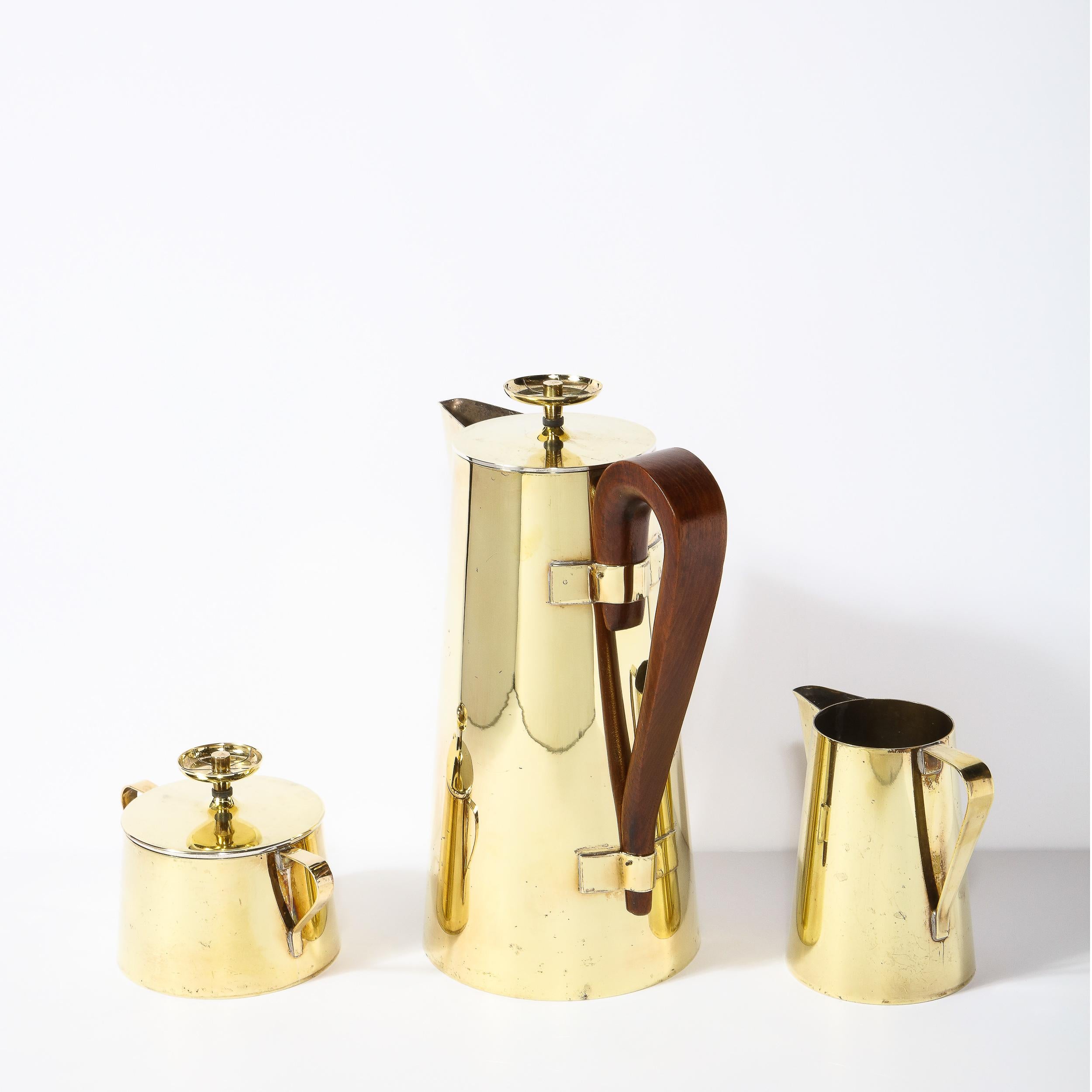 Mid-Century Modern Tommi Parzinger for Dorlyn Silversmiths Tea Service in Polished Brass & Walnut For Sale