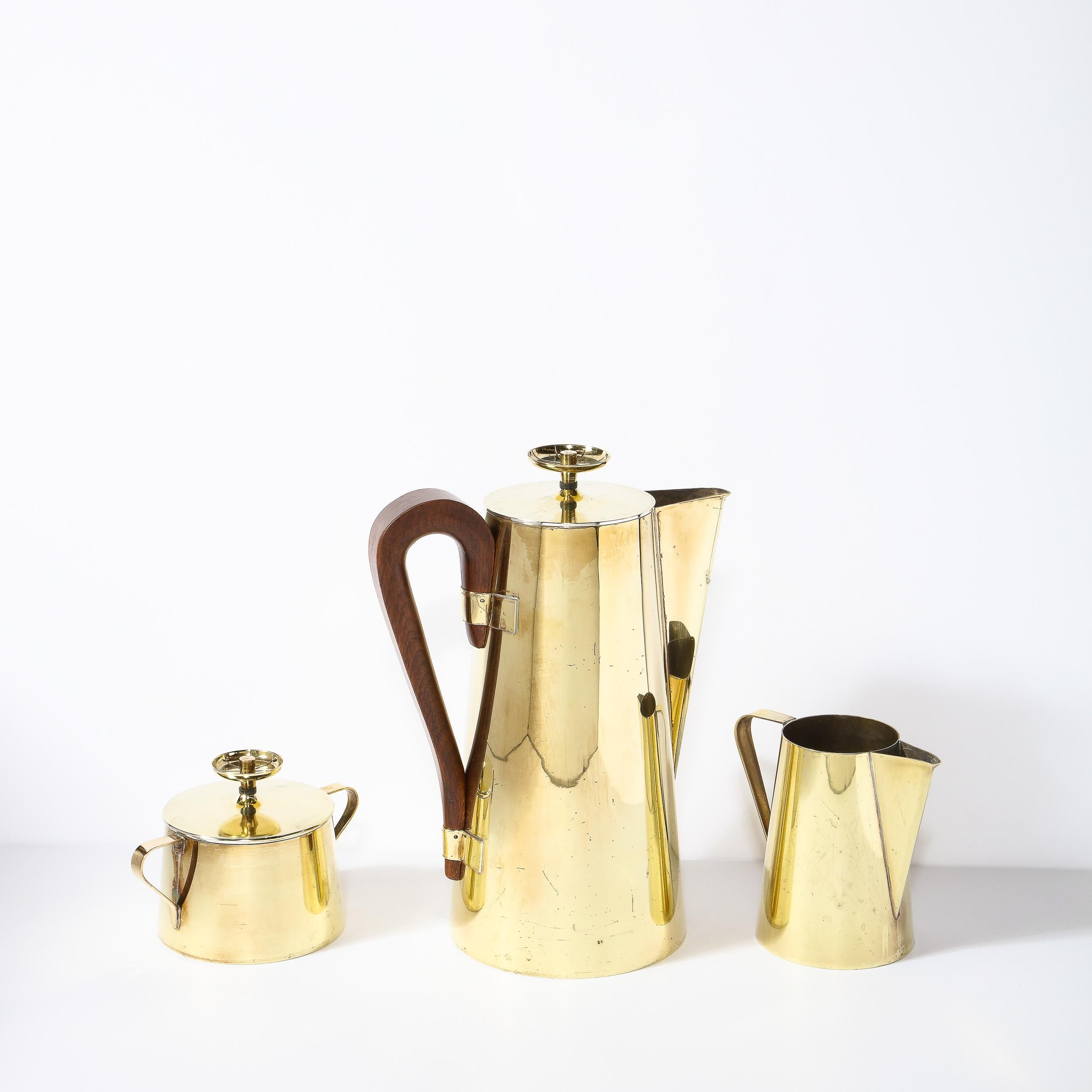 American Tommi Parzinger for Dorlyn Silversmiths Tea Service in Polished Brass & Walnut For Sale