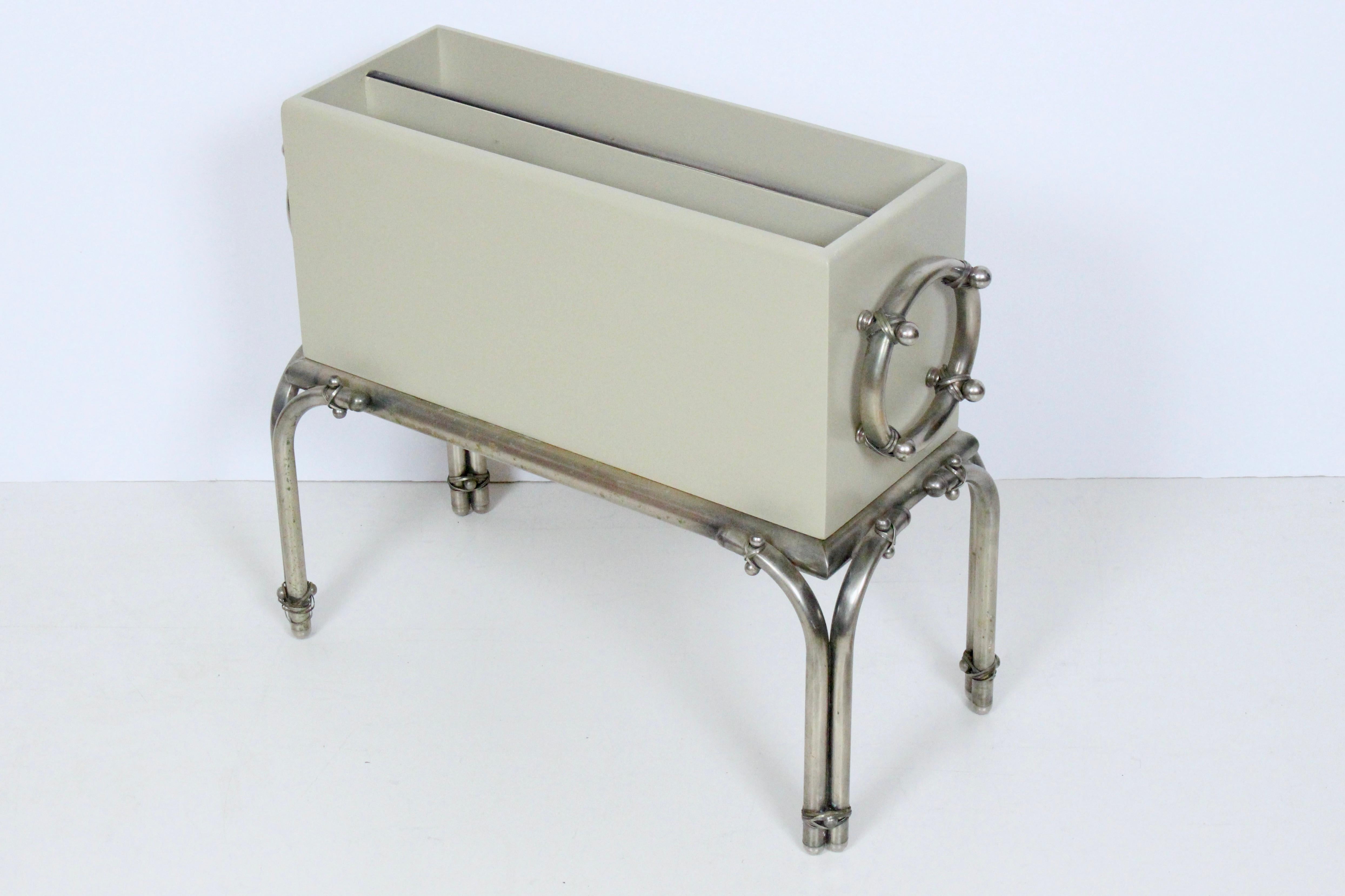 Plated Tommi Parzinger for Hart Associates Nickel & Taupe Enamel Magazine Rack, 1950's For Sale