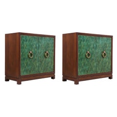 Tommi Parzinger Green Leather Front Cabinets with Brass Pulls for Charak Modern