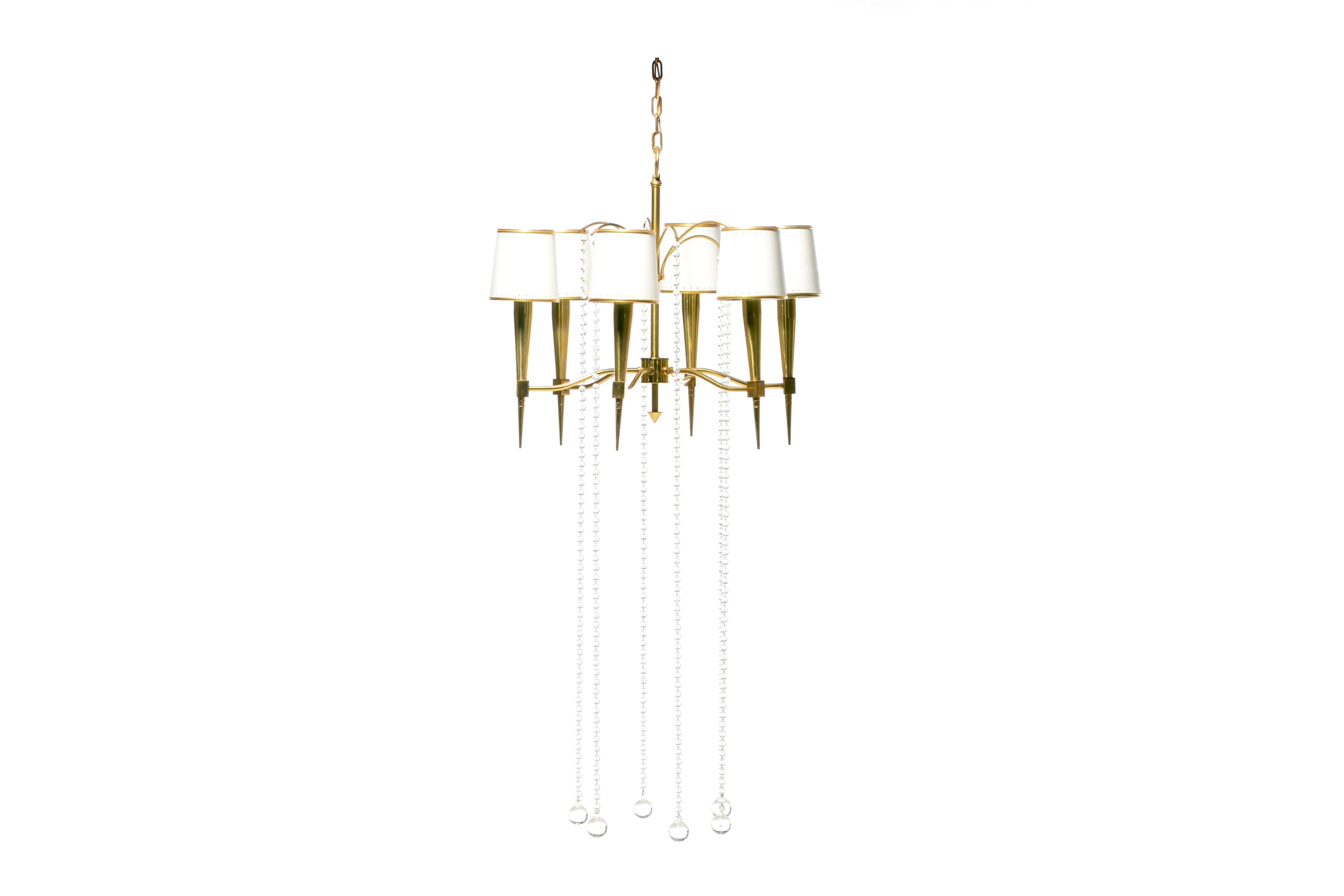 American Tommi Parzinger Hollywood Regency Chandelier of Flowing Crystals and Brass For Sale
