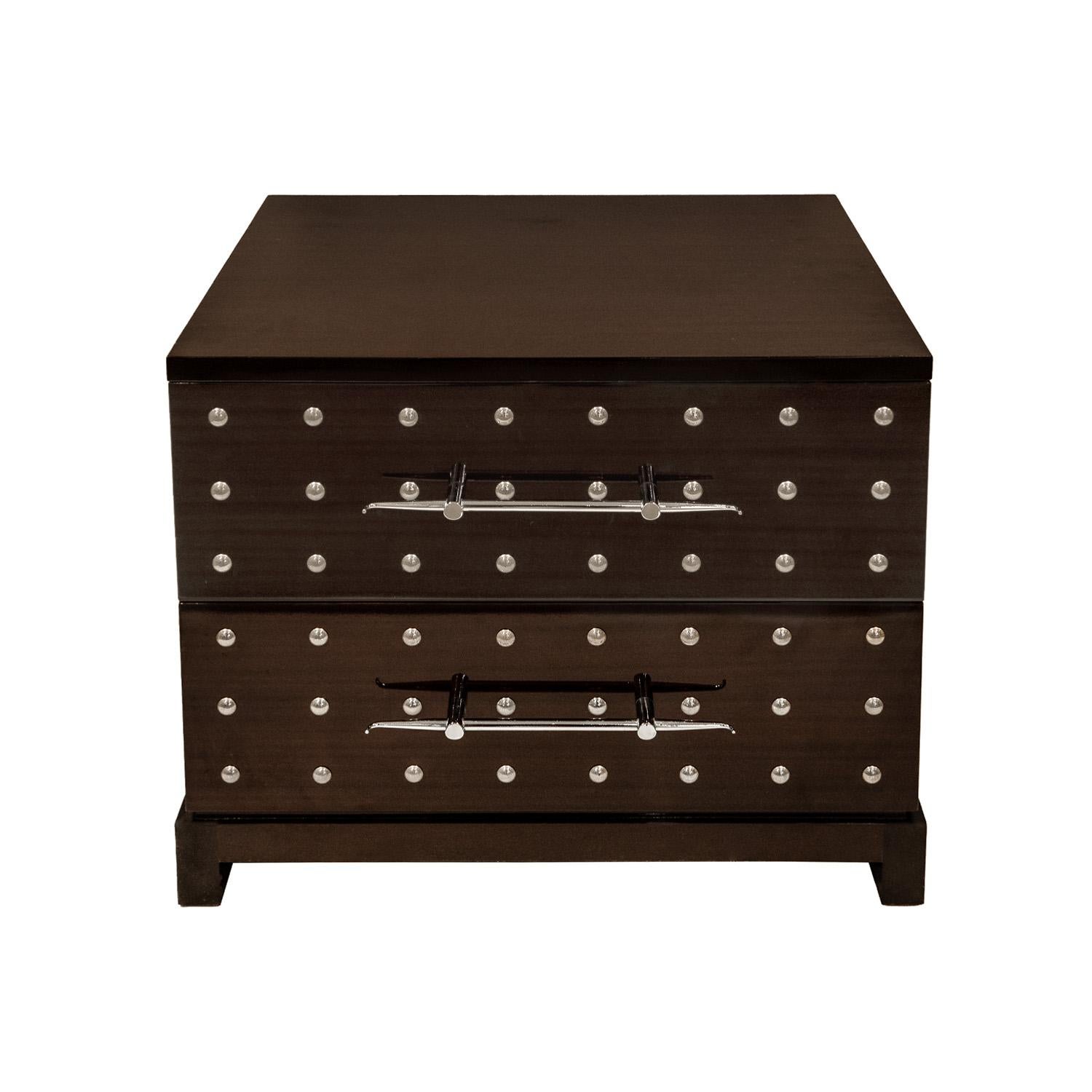 Small cabinet/chest/bedside table model 223S with 2 drawers in mahogany with chrome studs and exquisite pulls by Tommi Parzinger for Parzinger Originals, American 1981.  This piece is a gem.  Beautifully crafted, it exudes Parzinger