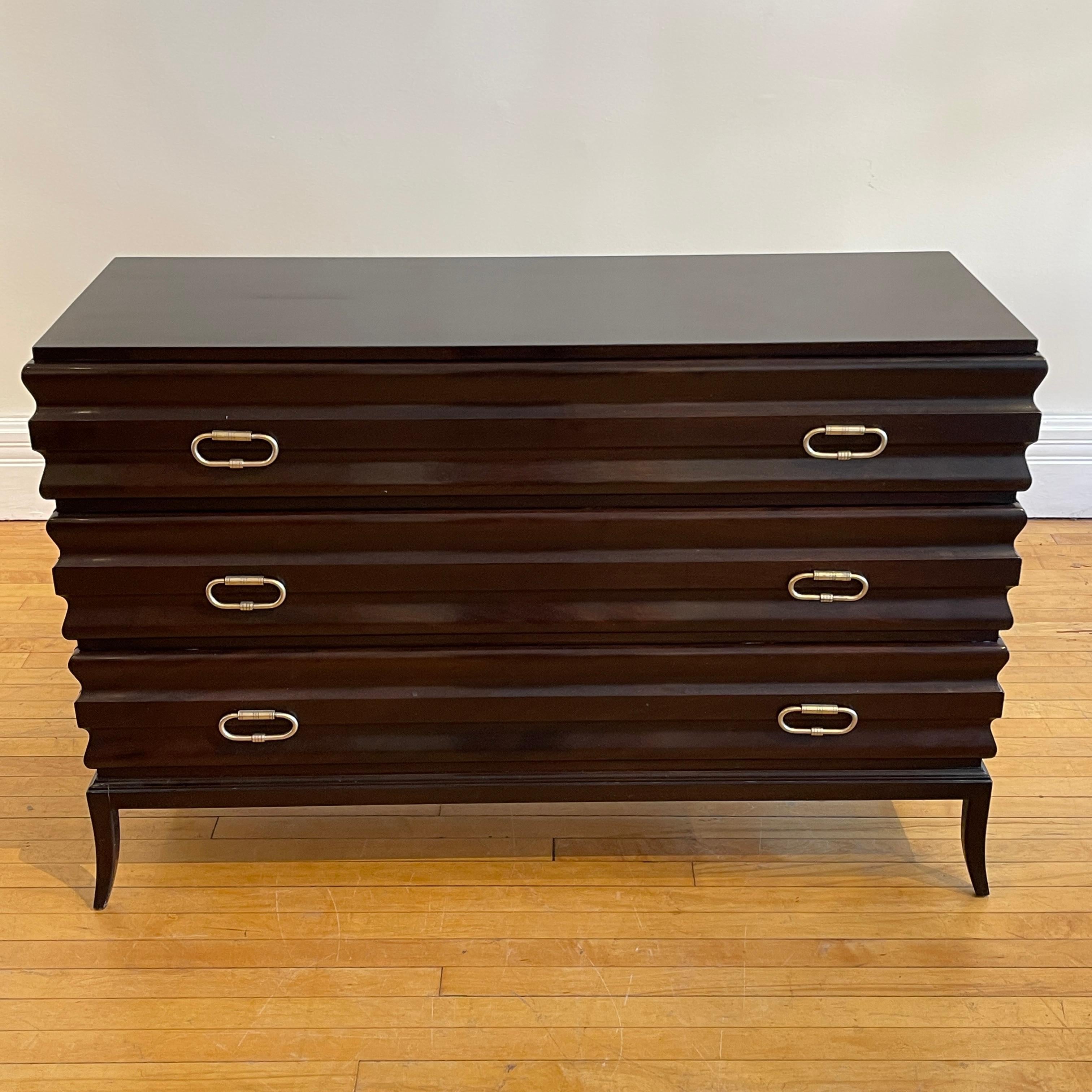 Lacquered Tommi Parzinger John Cameron Elegant Fluted 3 Drawer Dresser Etched Brass Pulls