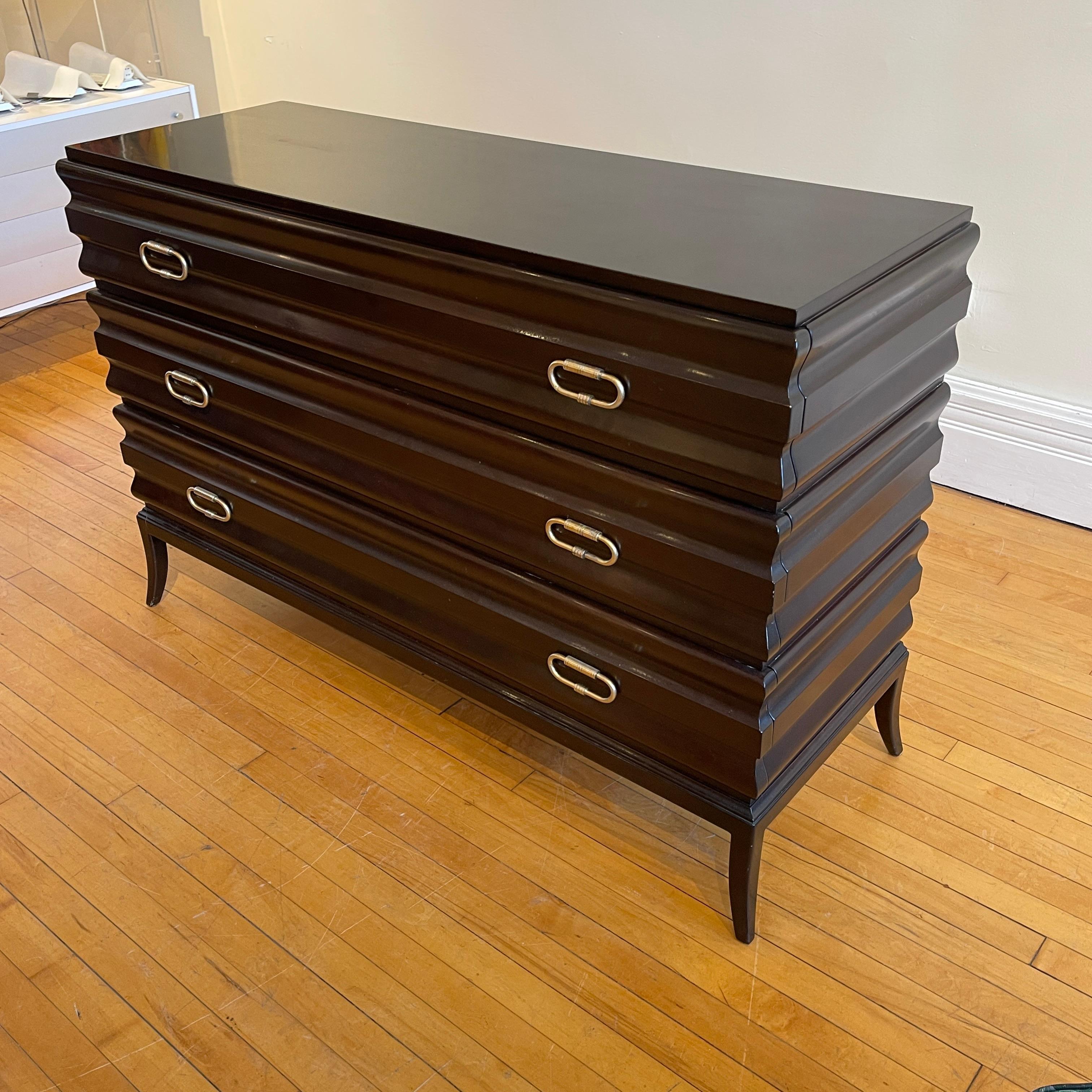 Contemporary Tommi Parzinger John Cameron Elegant Fluted 3 Drawer Dresser Etched Brass Pulls