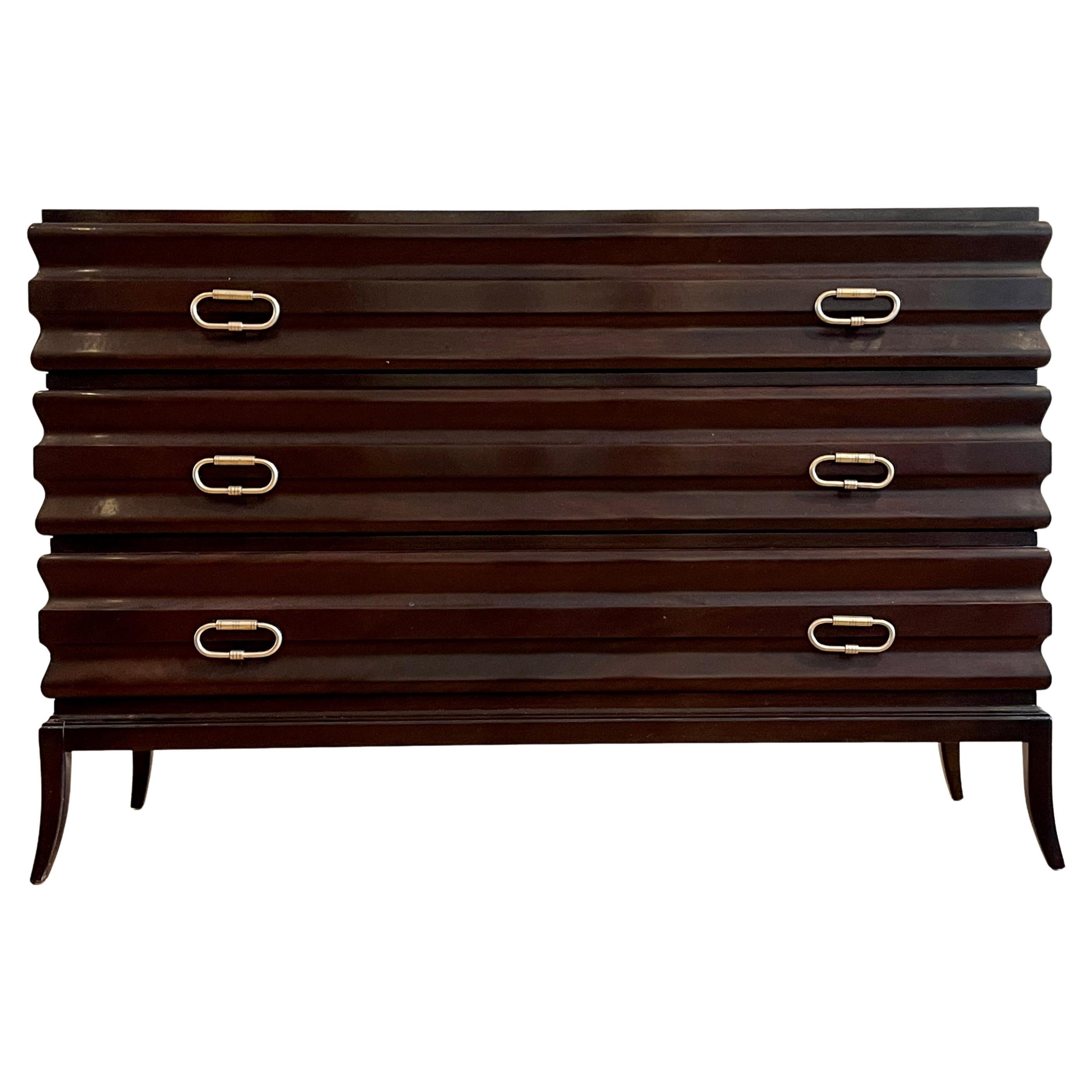 Tommi Parzinger John Cameron Elegant Fluted 3 Drawer Dresser Etched Brass Pulls