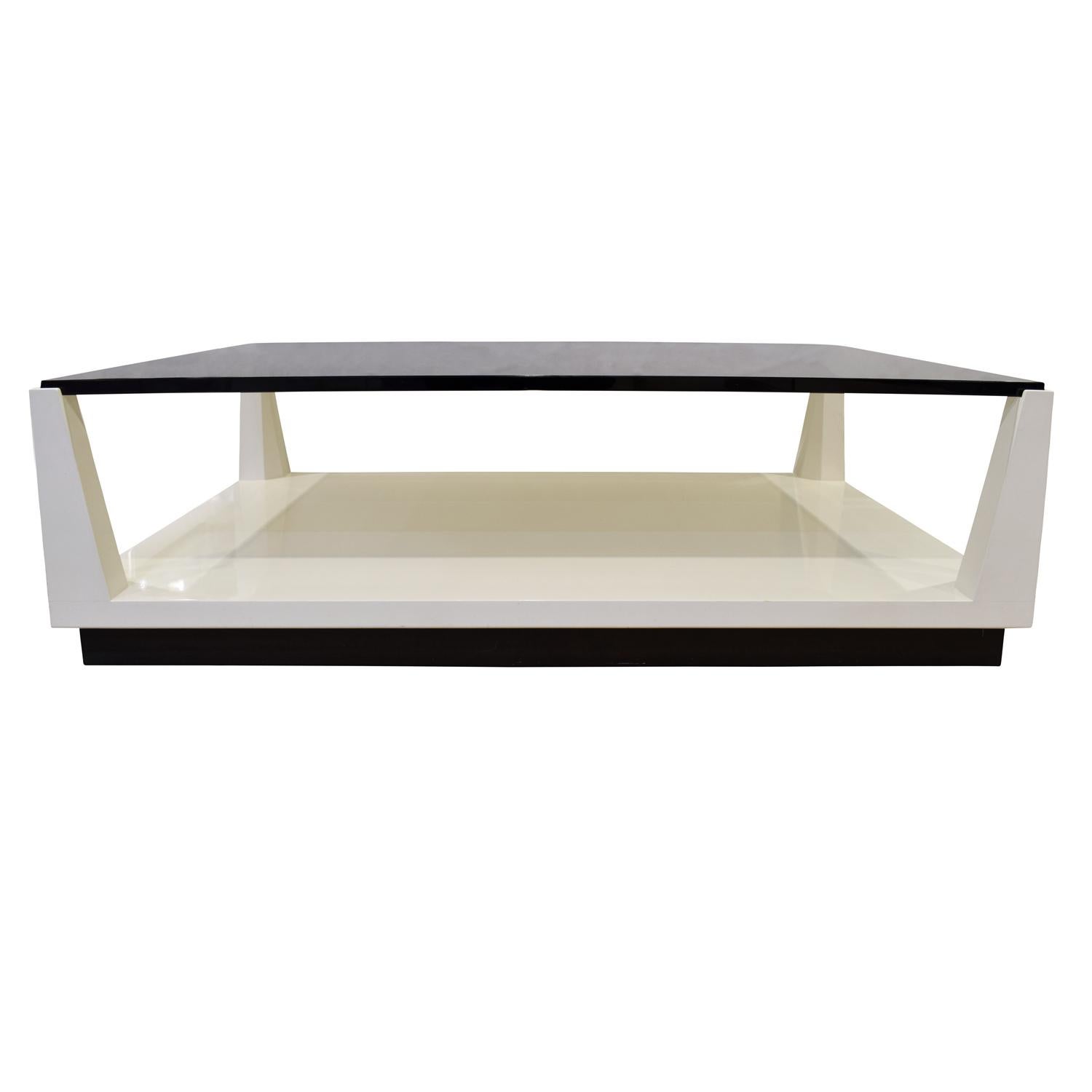 American Tommi Parzinger Lacquered Coffee Table with Smoke Glass Top, 1970s