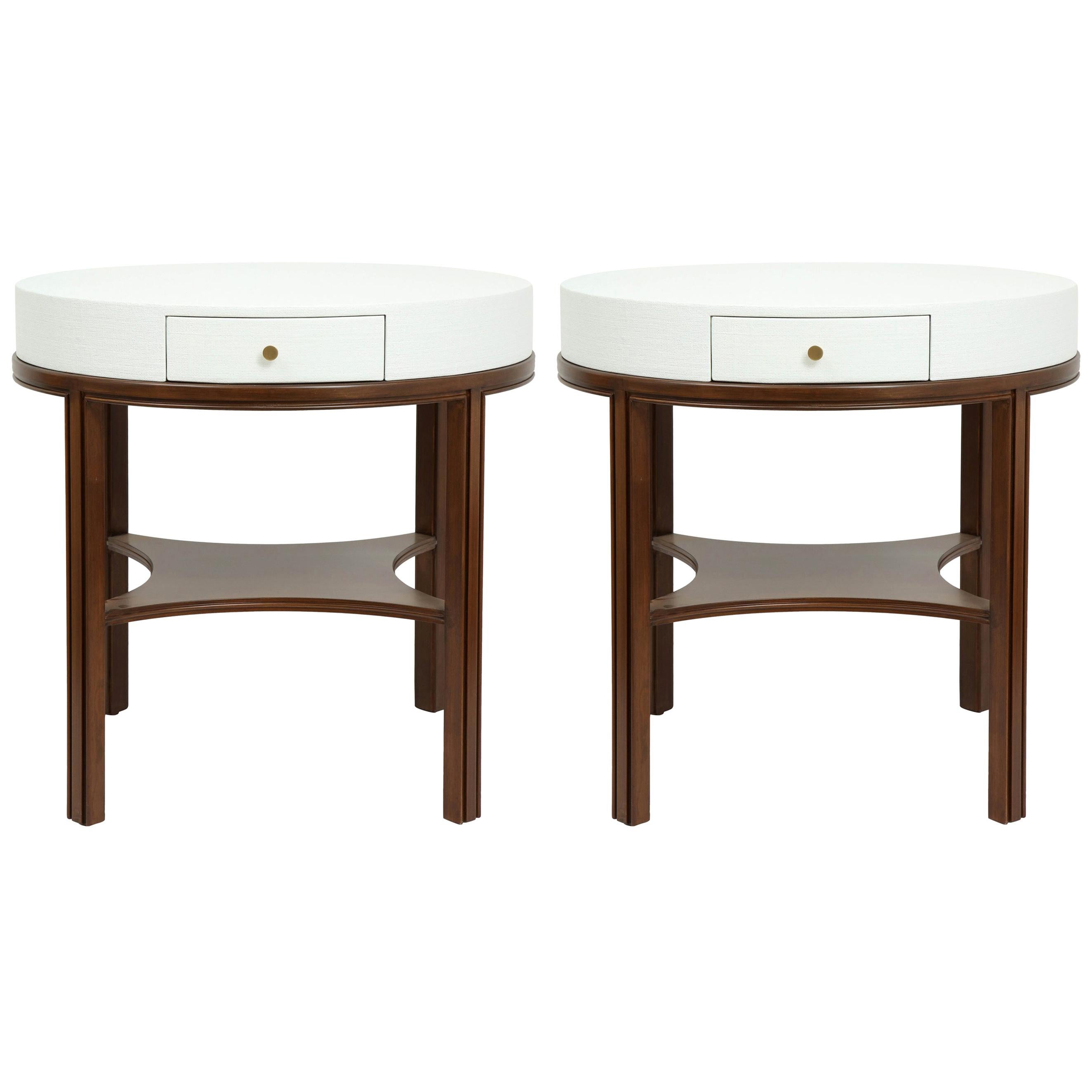 Tommi Parzinger Lacquered Linen, Walnut Side Tables