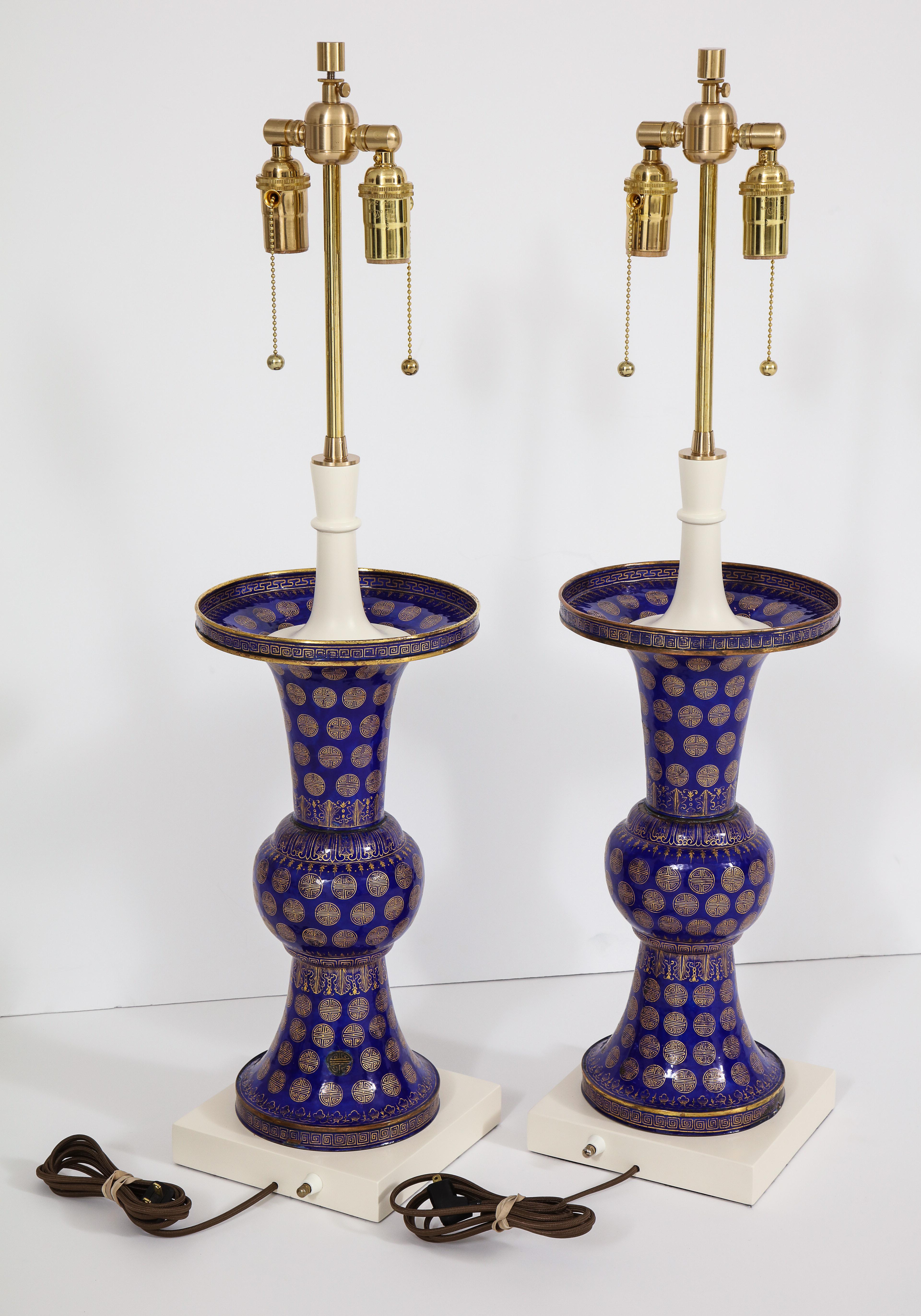 Tommi Parzinger Lamps, Chinese Qing Cloisonné, Cobalt Blue, Gilt, Brass, Signed For Sale 5