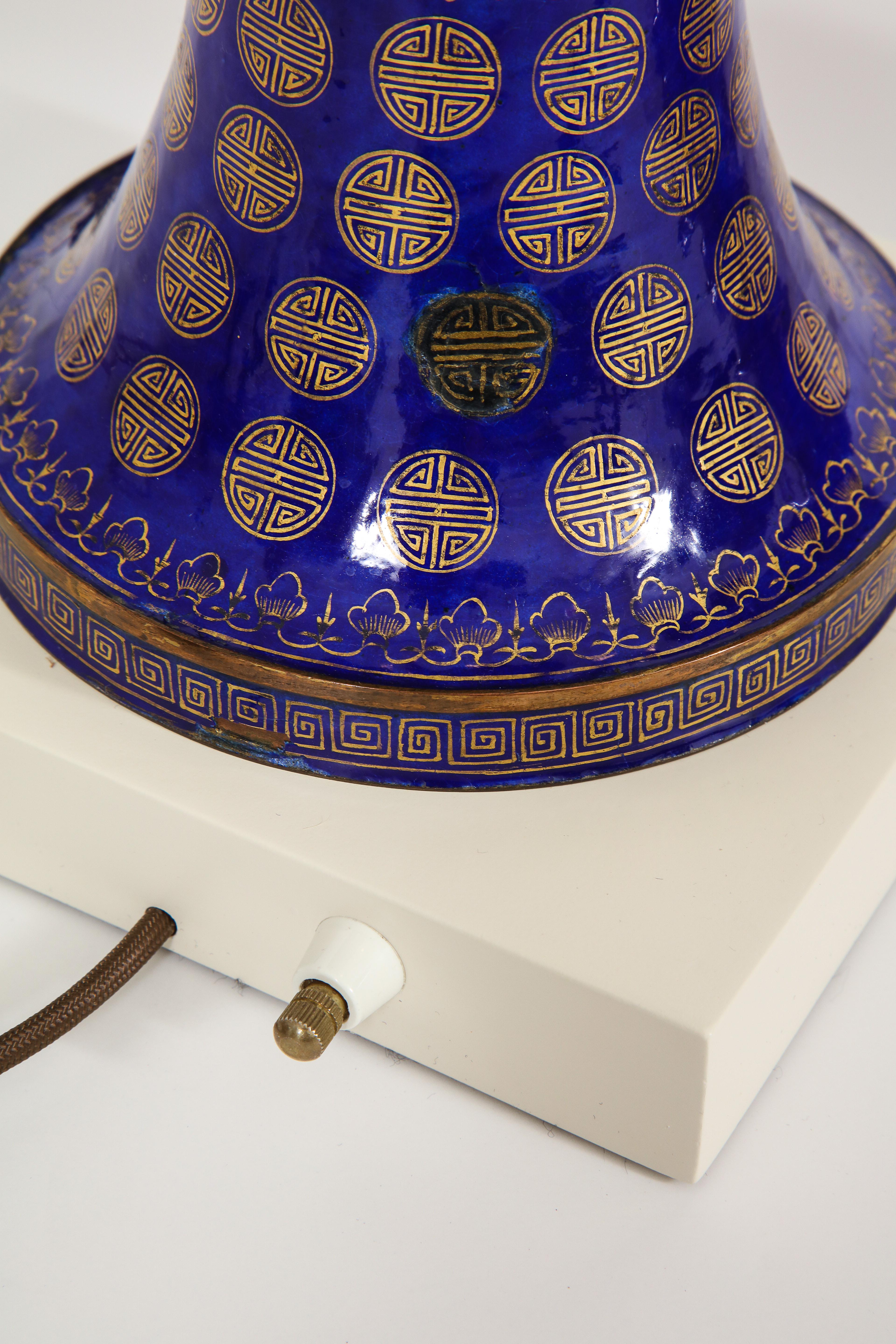 Tommi Parzinger Lamps, Chinese Qing Cloisonné, Cobalt Blue, Gilt, Brass, Signed For Sale 6