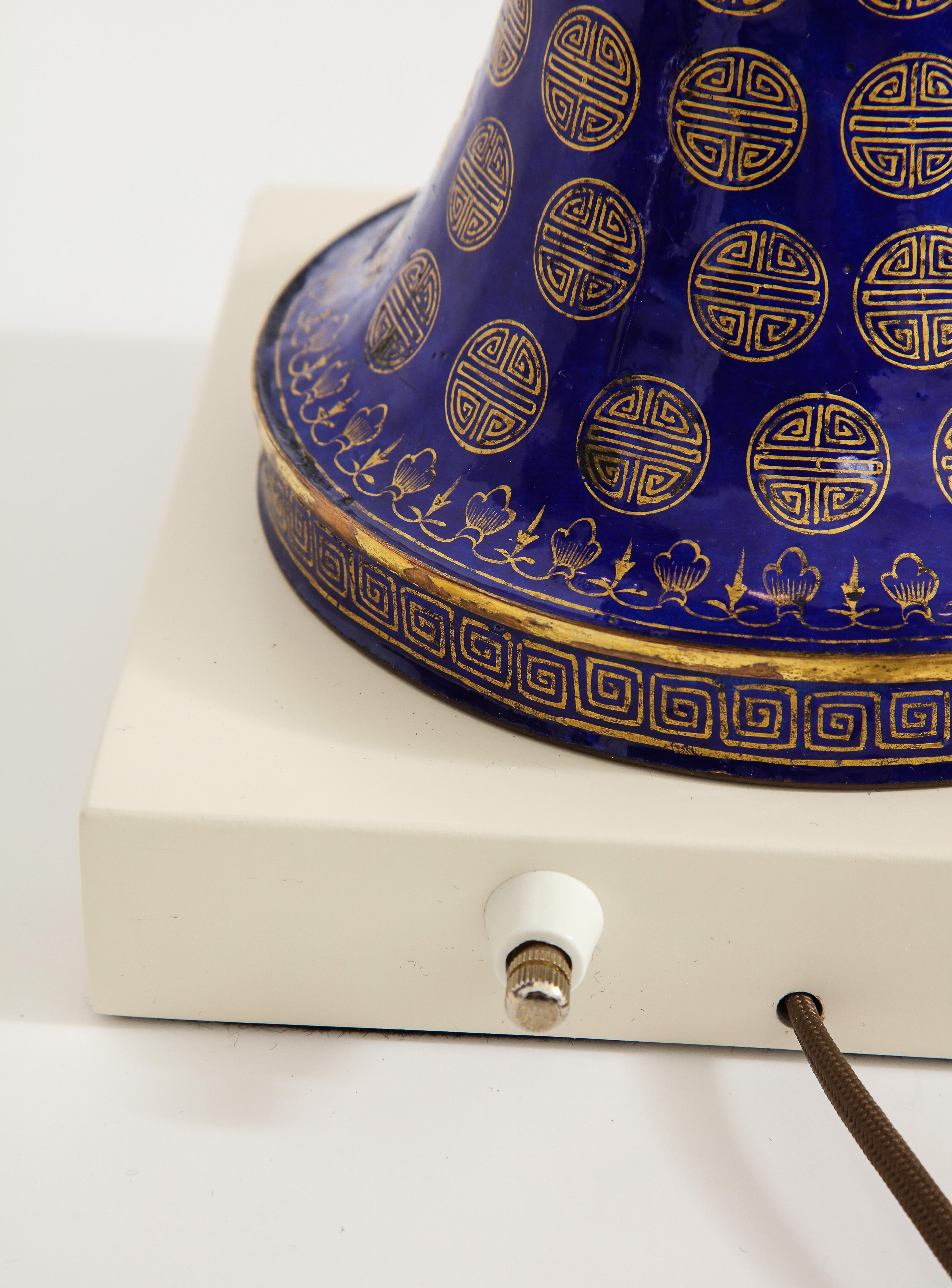 Tommi Parzinger Lamps, Chinese Qing Cloisonné, Cobalt Blue, Gilt, Brass, Signed For Sale 7