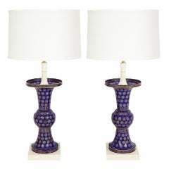Tommi Parzinger Lamps, Chinese Qing Cloisonné, Cobalt Blue, Gilt, Brass, Signed