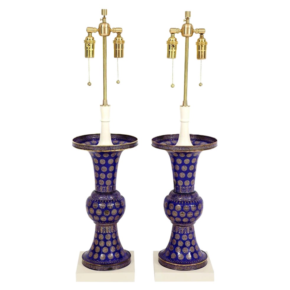 Mid-Century Modern Tommi Parzinger Lamps, Chinese Qing Cloisonné, Cobalt Blue, Gilt, Brass, Signed