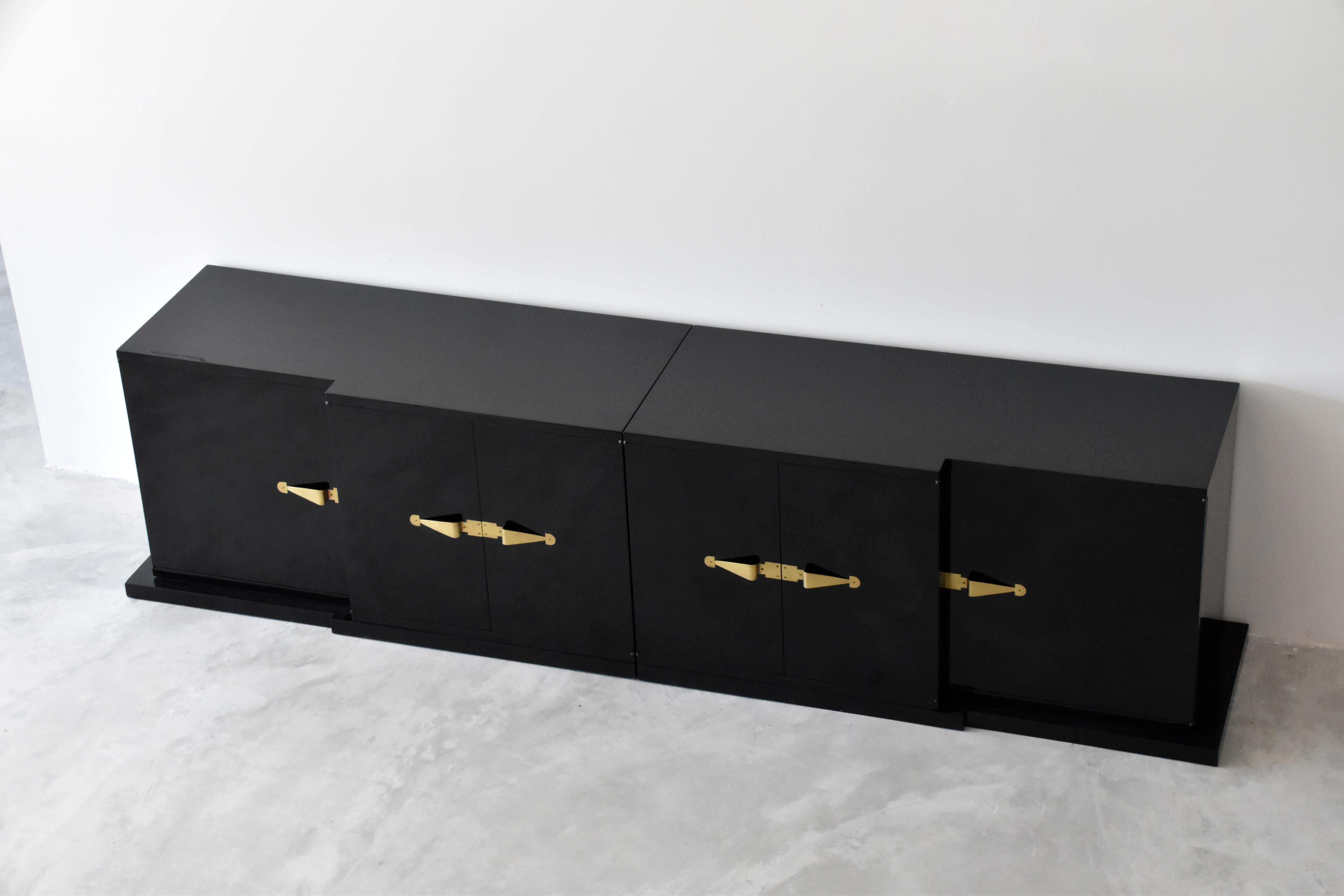 Mid-Century Modern Tommi Parzinger, Large Black Lacquered Cabinet, Brass Pulls, Wood, 1960s