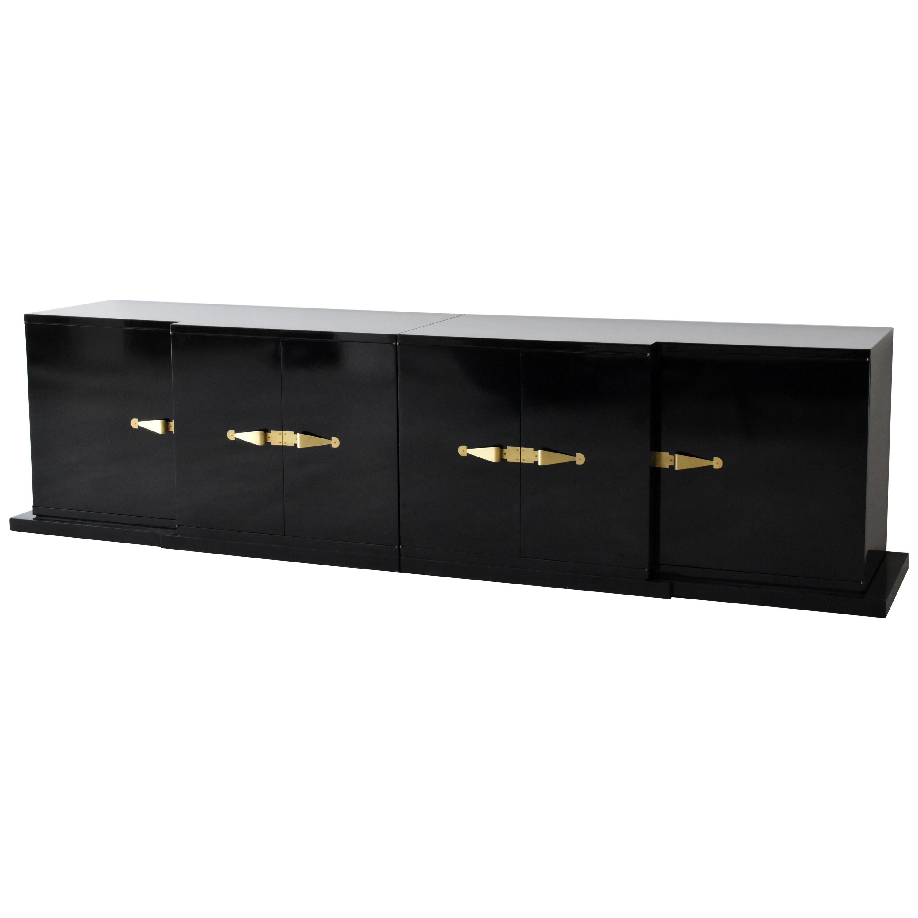 Tommi Parzinger, Large Black Lacquered Cabinet, Brass Pulls, Wood, 1960s