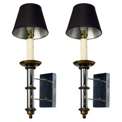Tommi Parzinger, Large Wall Sconces, Chromed Steel, Brass, Fabric, USA, 1950s