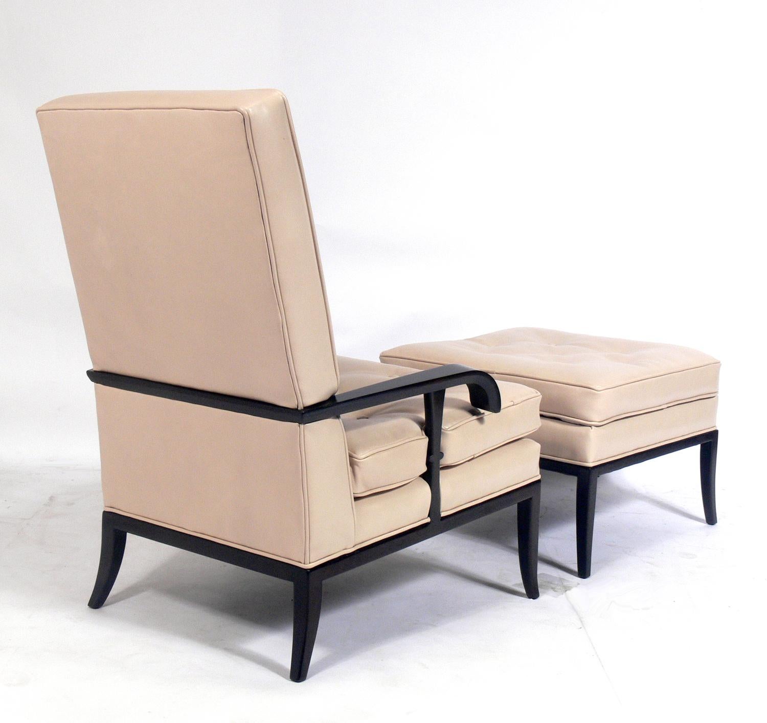 Elegant lounge chair and ottoman, designed by Tommi Parzinger for Parzinger Originals, American, circa 1950s. These pieces have been completely restored. Reupholstered in a sand color leather and refinished in an ultra deep brown color. The chair