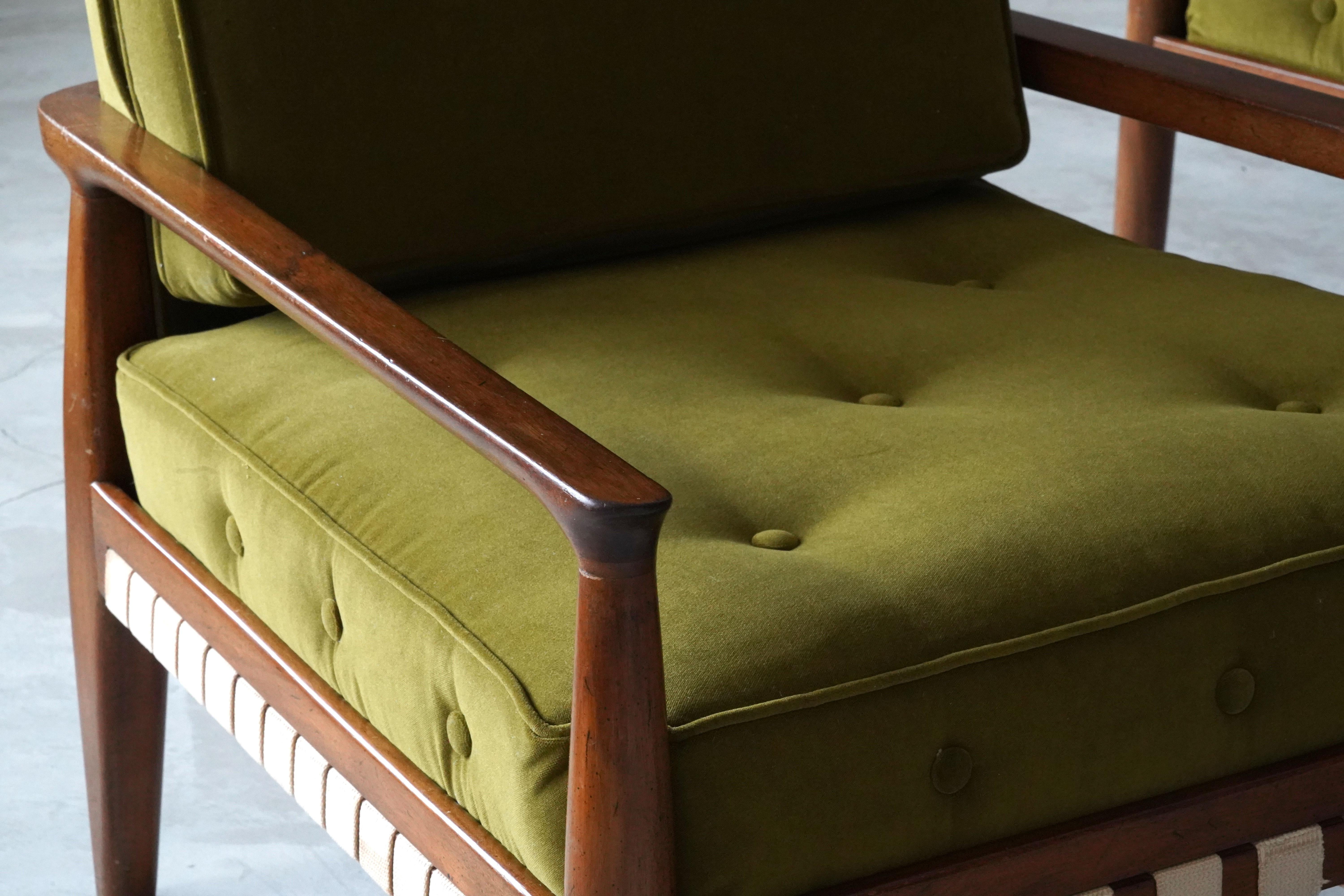 Tommi Parzinger, Lounge Chairs, Walnut, Webbing, Green Velvet Charak Modern 1957 In Good Condition In High Point, NC