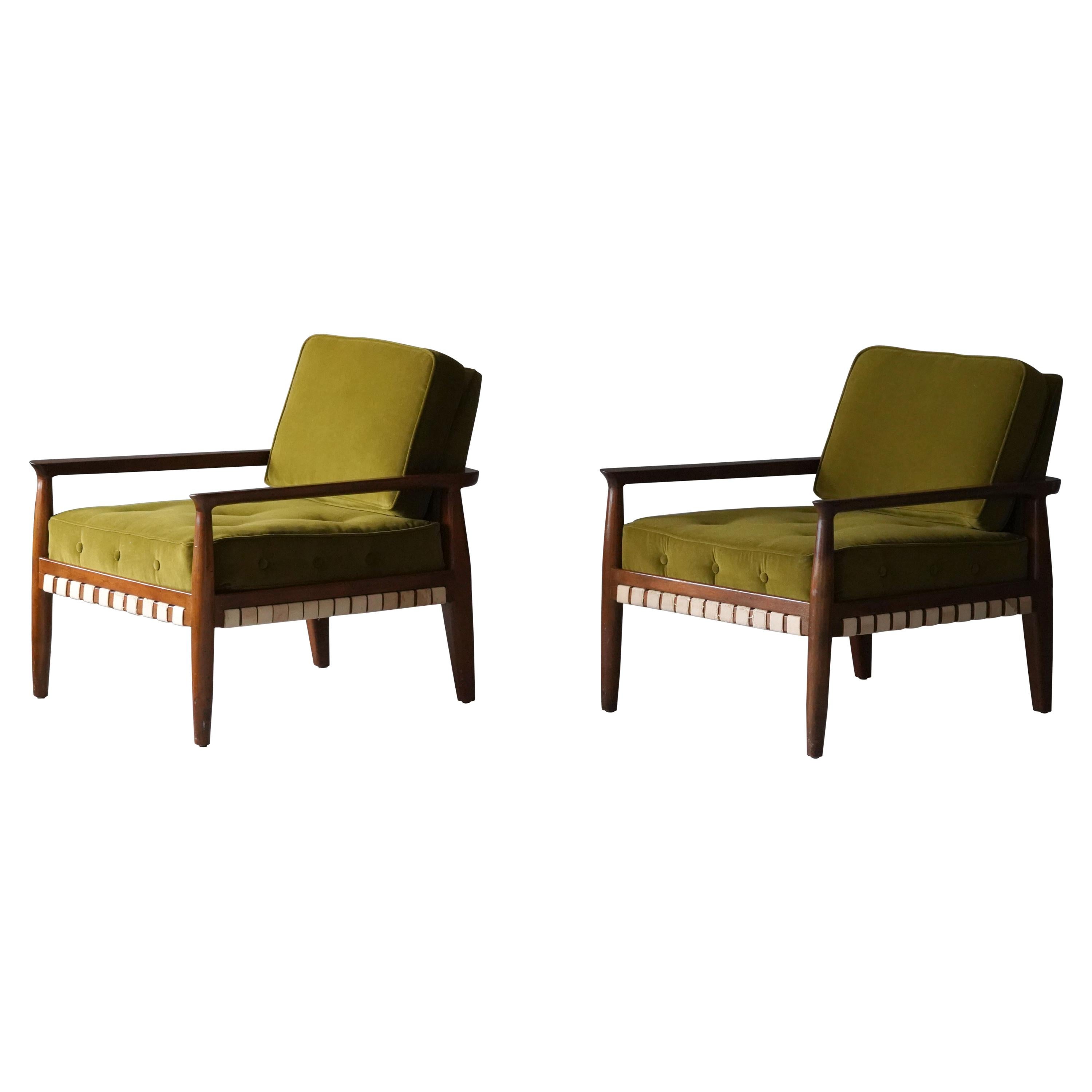 Tommi Parzinger, Lounge Chairs, Walnut, Webbing, Green Velvet Charak Modern 1957