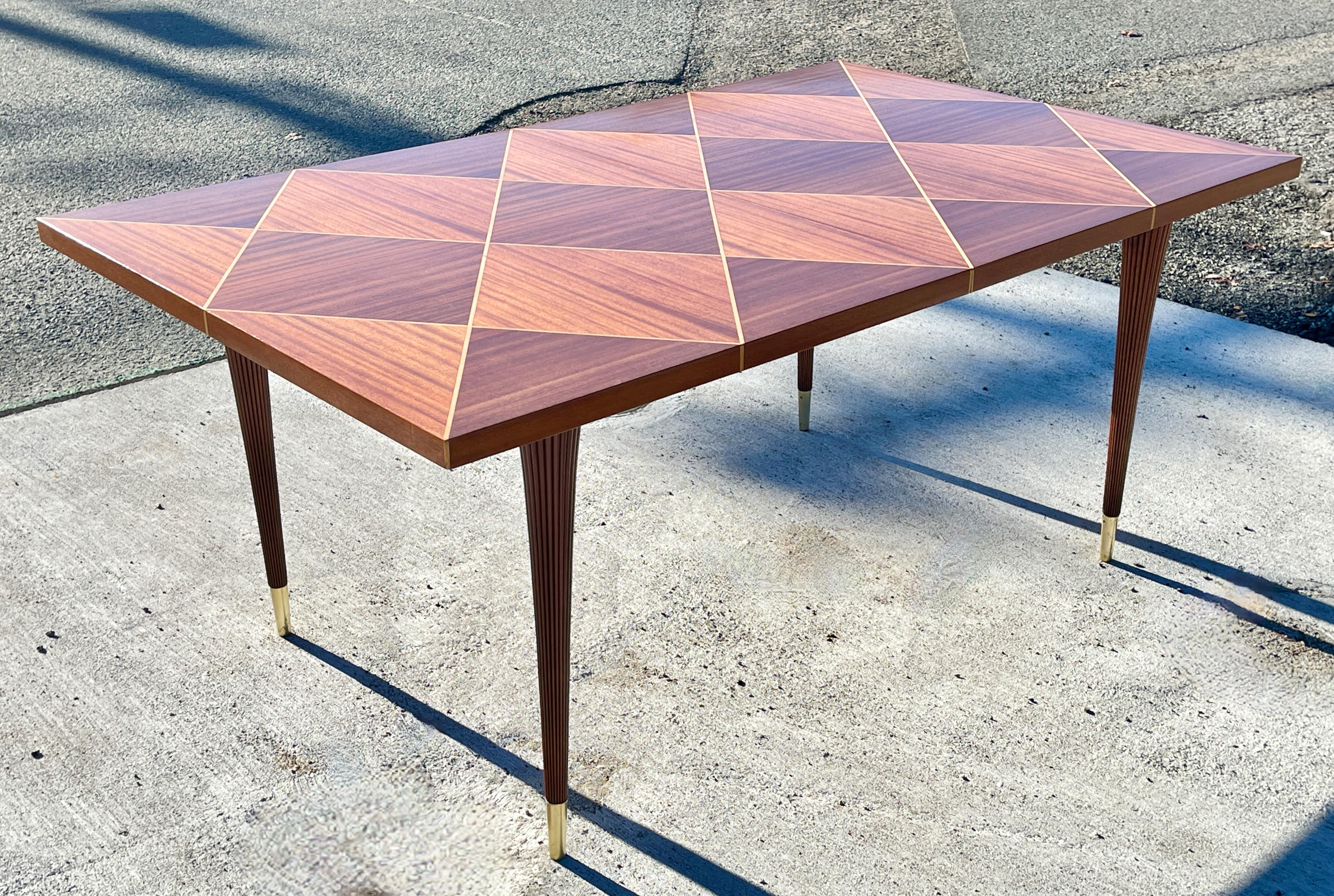 Tommi Parzinger Mahogany & Satinwood Parquetry DIning Table for Charak Modern In Good Condition In Hanover, MA