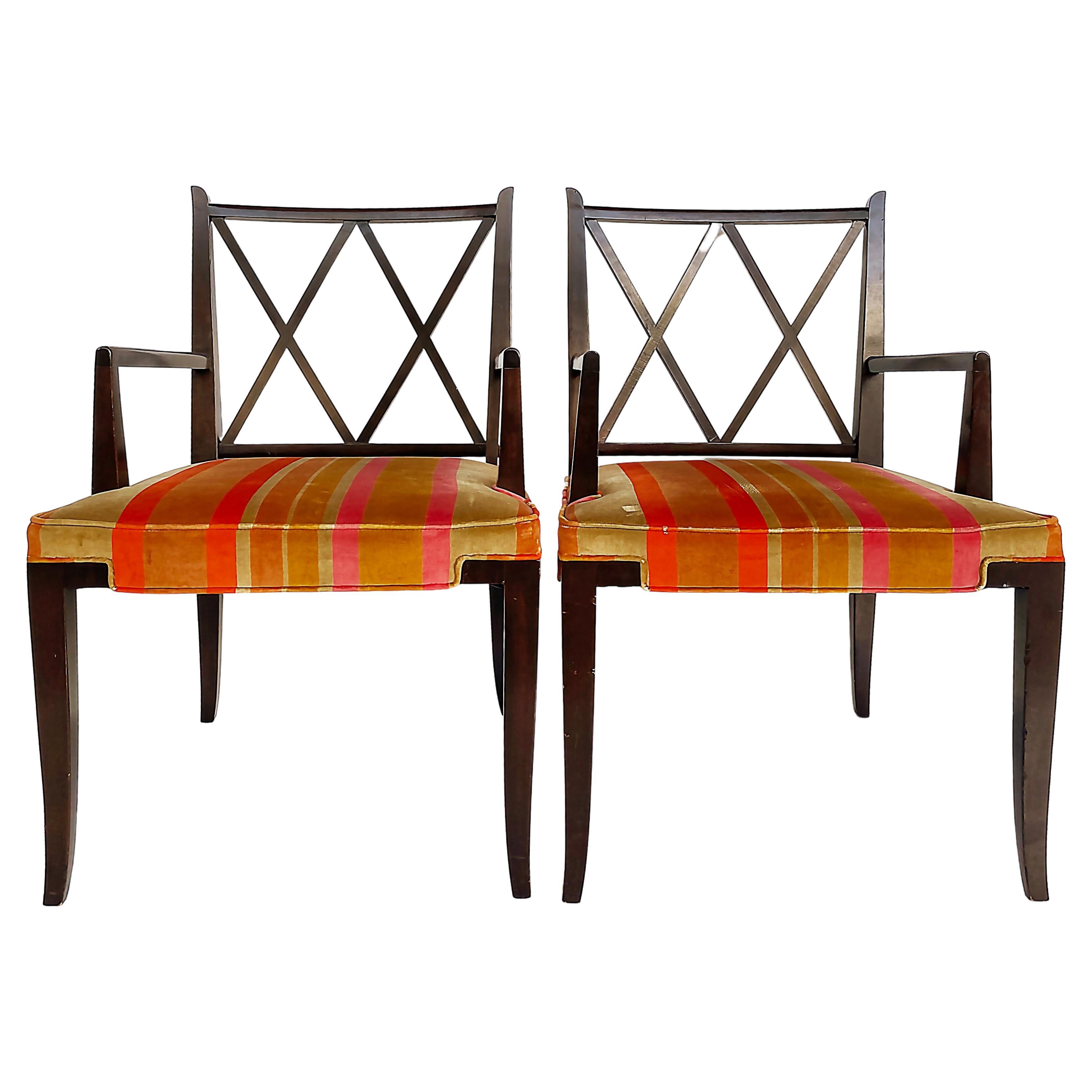 Tommi Parzinger Mahohany Armchairs with X-Framed Backs Upholstered Seats, Pair