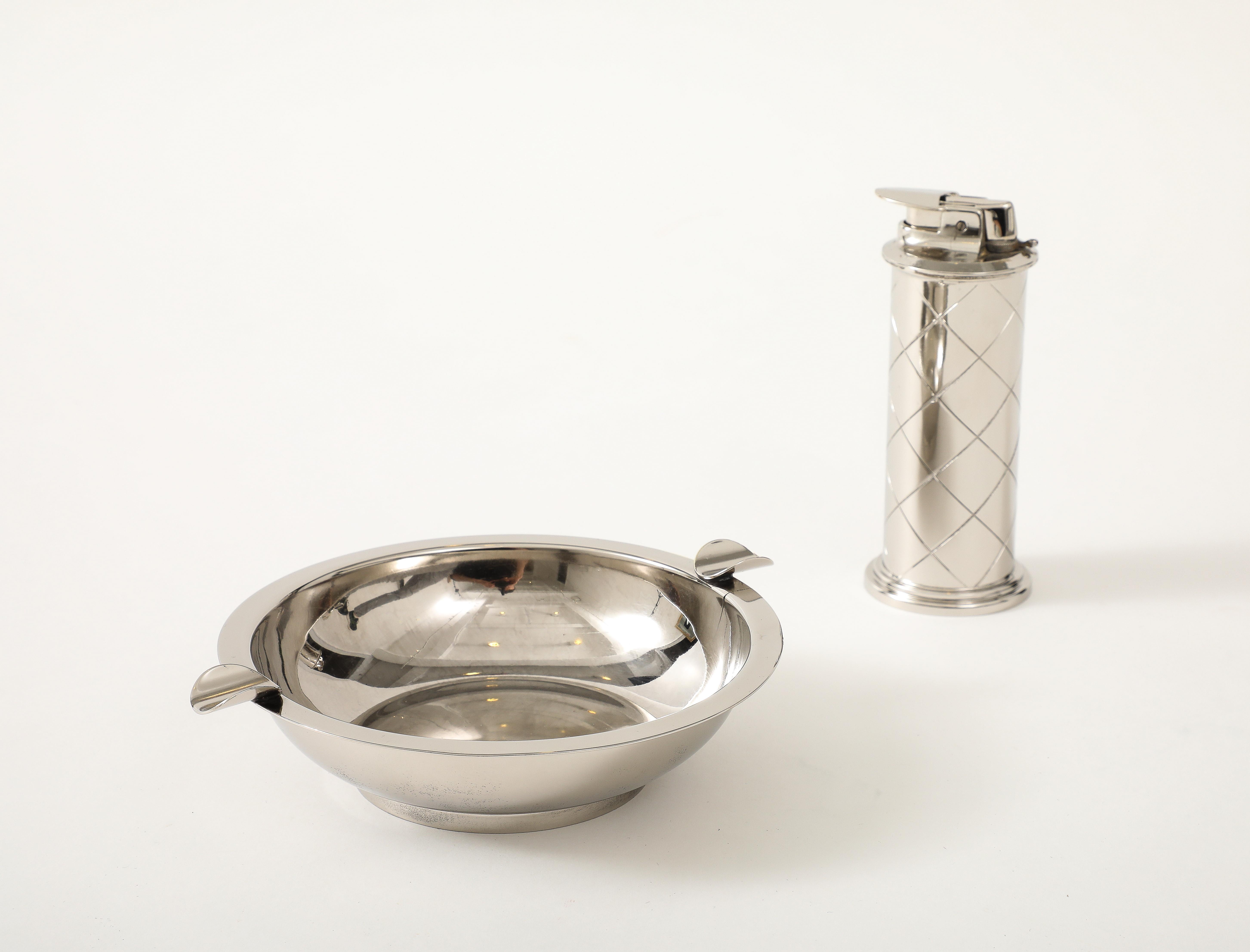 Hollywood Regency Tommi Parzinger Nickel Ash Tray, Lighter For Sale