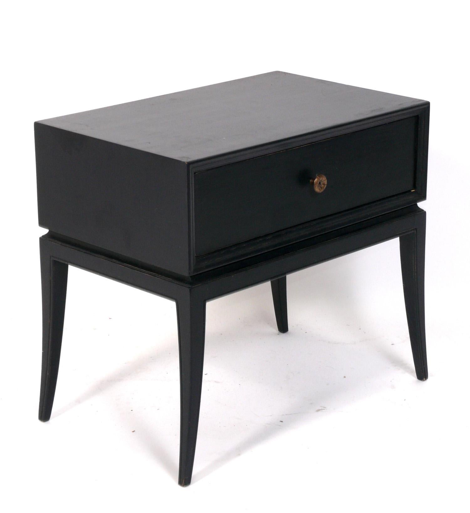 Pair of Elegant End Tables or Nightstands, designed by Tommi Parzinger for Charak, American, circa 1960s. These are currently being refinished and can be completed in your color choice of wood stain or lacquer. The price noted INCLUDES refinishing
