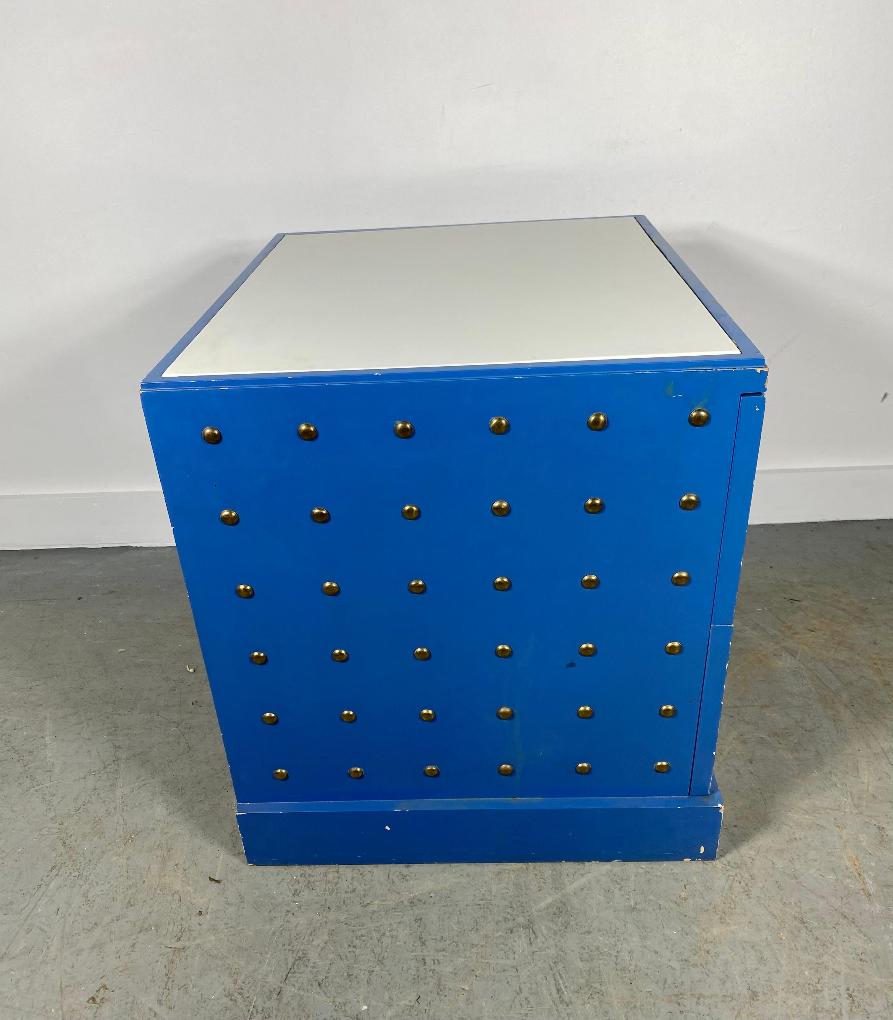 American Tommi Parzinger Originals Brass Studded & Blue Lacquered Two Drawer Chest For Sale