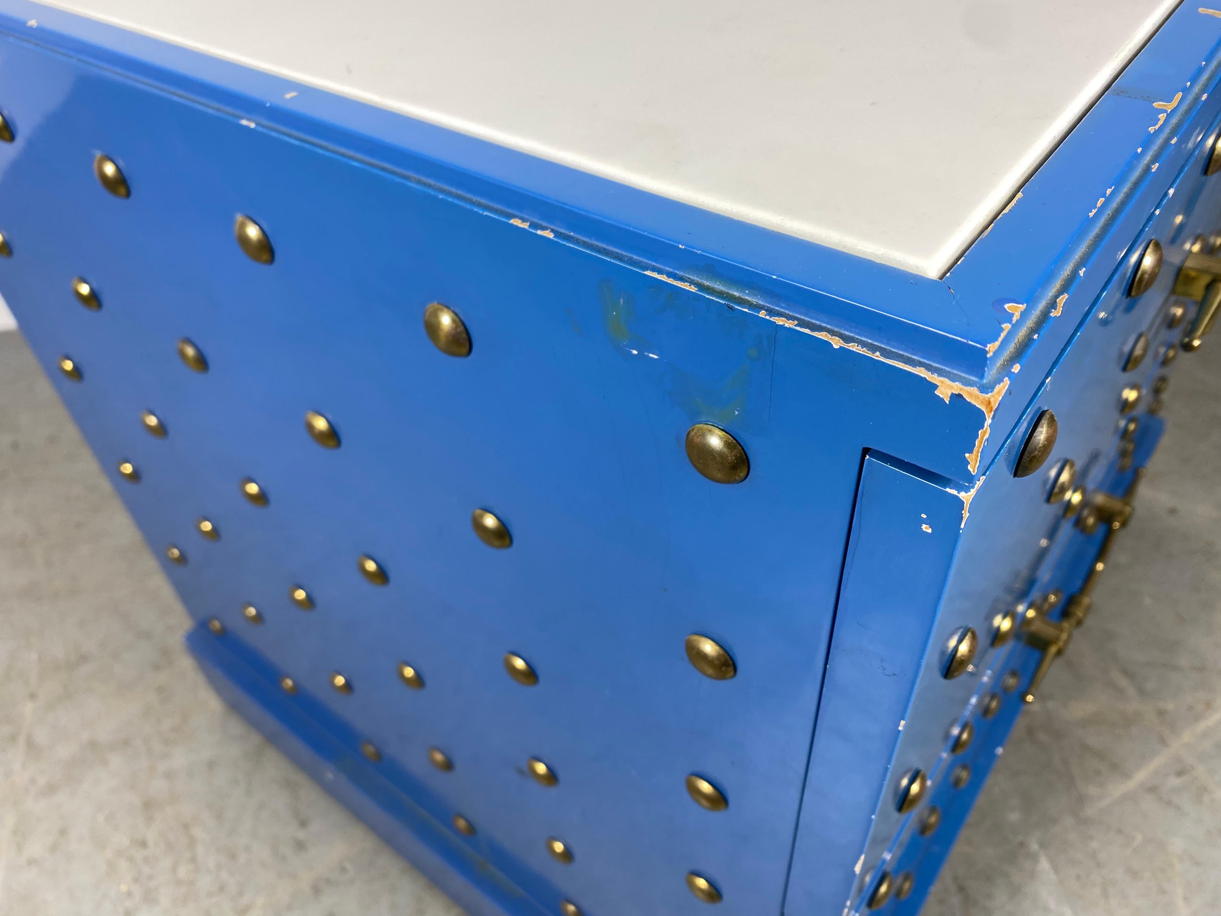 Mid-20th Century Tommi Parzinger Originals Brass Studded & Blue Lacquered Two Drawer Chest For Sale