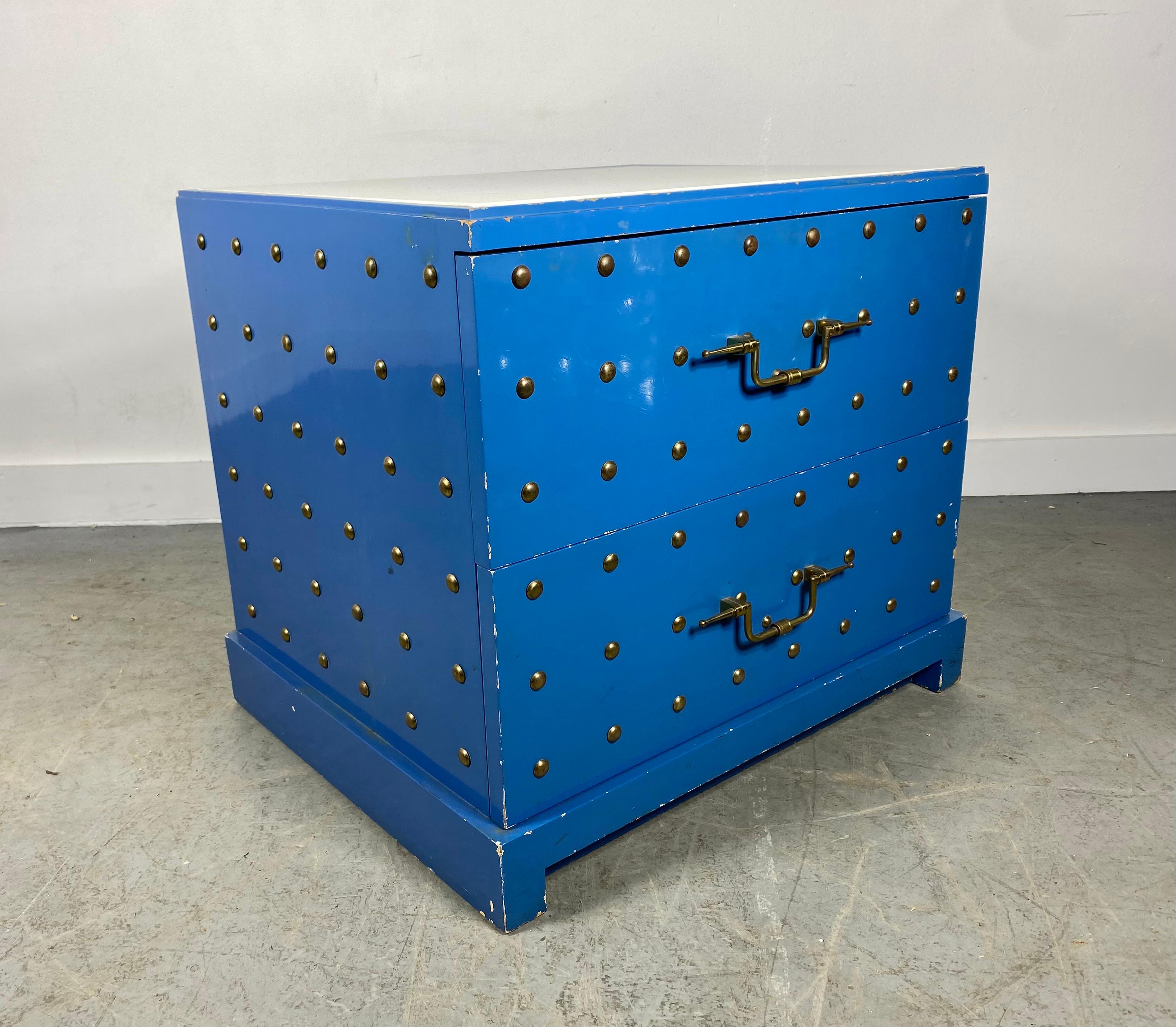 Tommi Parzinger Originals Brass Studded & Blue Lacquered Two Drawer Chest For Sale 2