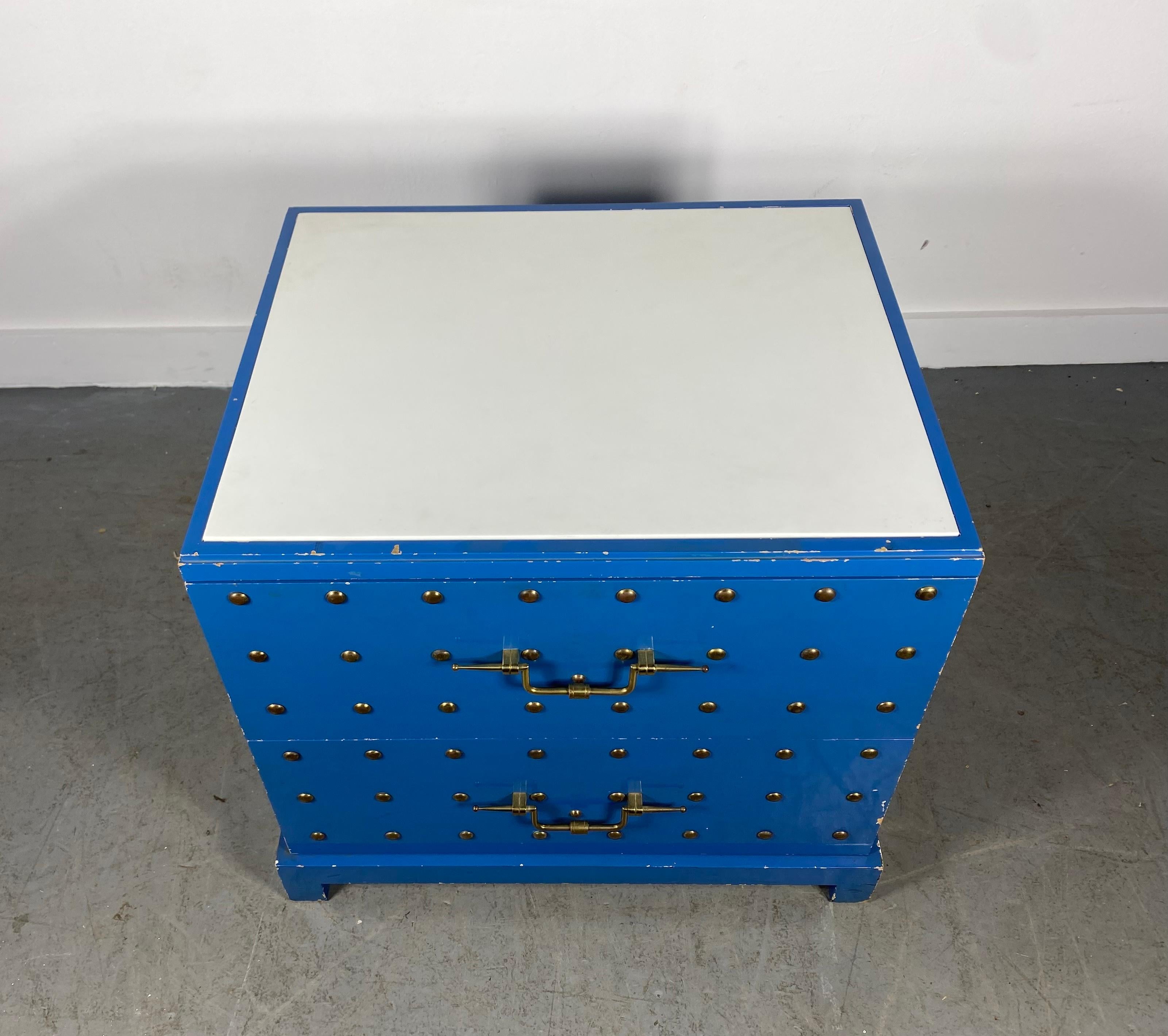 Tommi Parzinger Originals Brass Studded & Blue Lacquered Two Drawer Chest For Sale 3