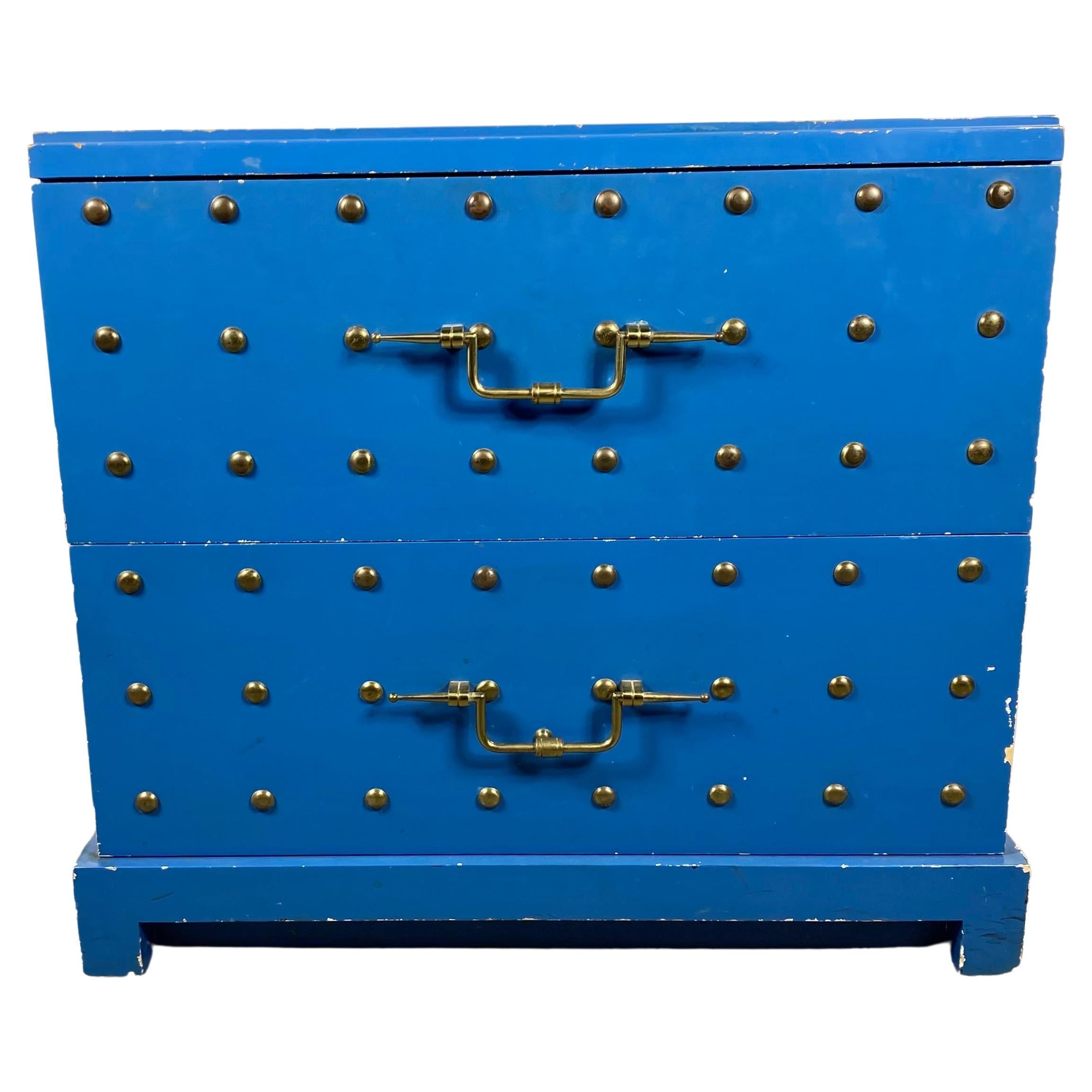 Tommi Parzinger Originals Brass Studded & Blue Lacquered Two Drawer Chest For Sale
