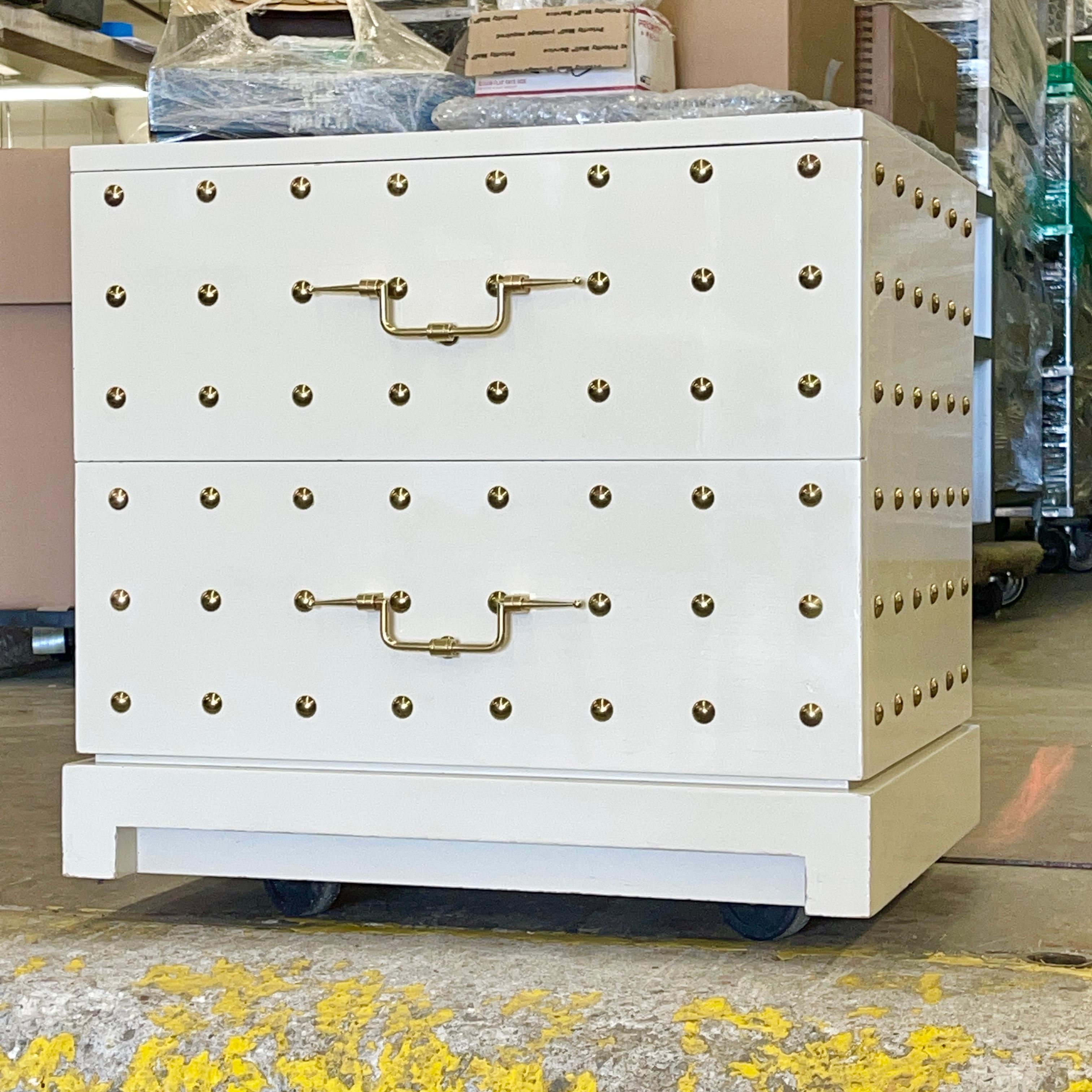 Tommi Parzinger Originals Brass Studded & White Lacquered Two Drawer Chest For Sale 10