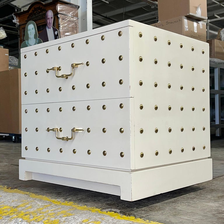 American Tommi Parzinger Originals Brass Studded & White Lacquered Two Drawer Chest For Sale