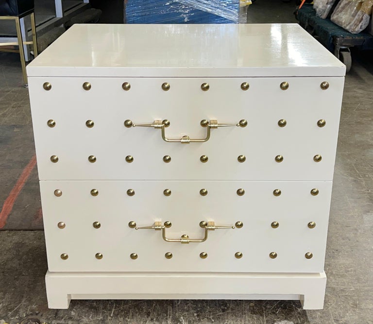 Tommi Parzinger Originals Brass Studded & White Lacquered Two Drawer Chest For Sale 1