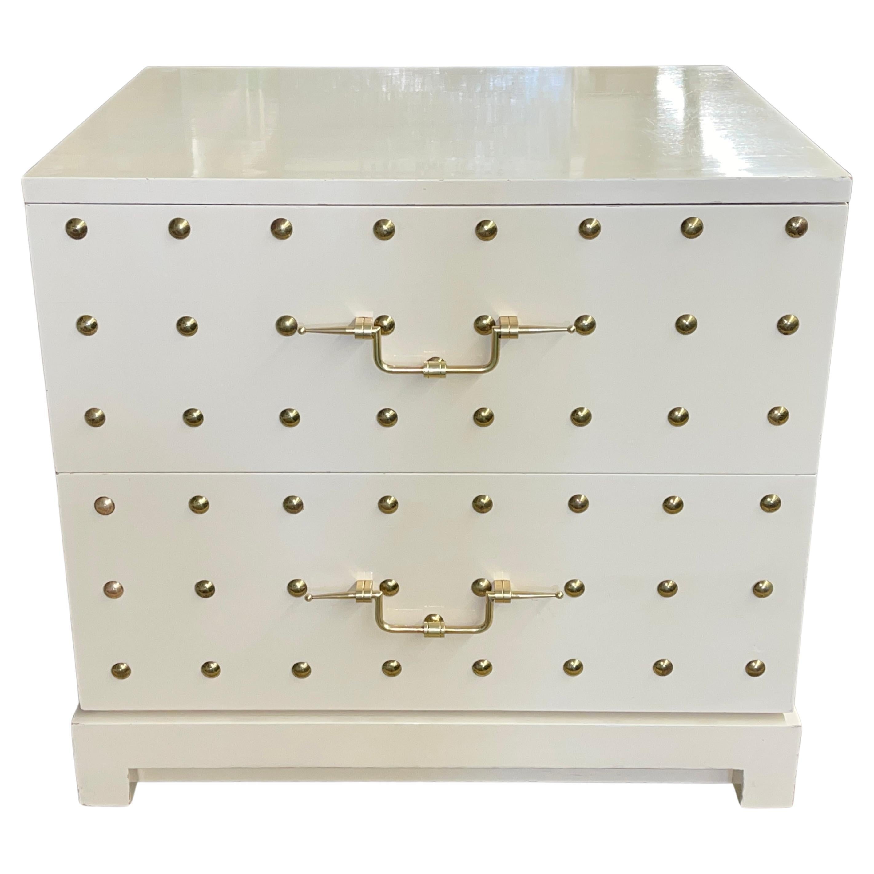 Tommi Parzinger Originals Brass Studded & White Lacquered Two Drawer Chest