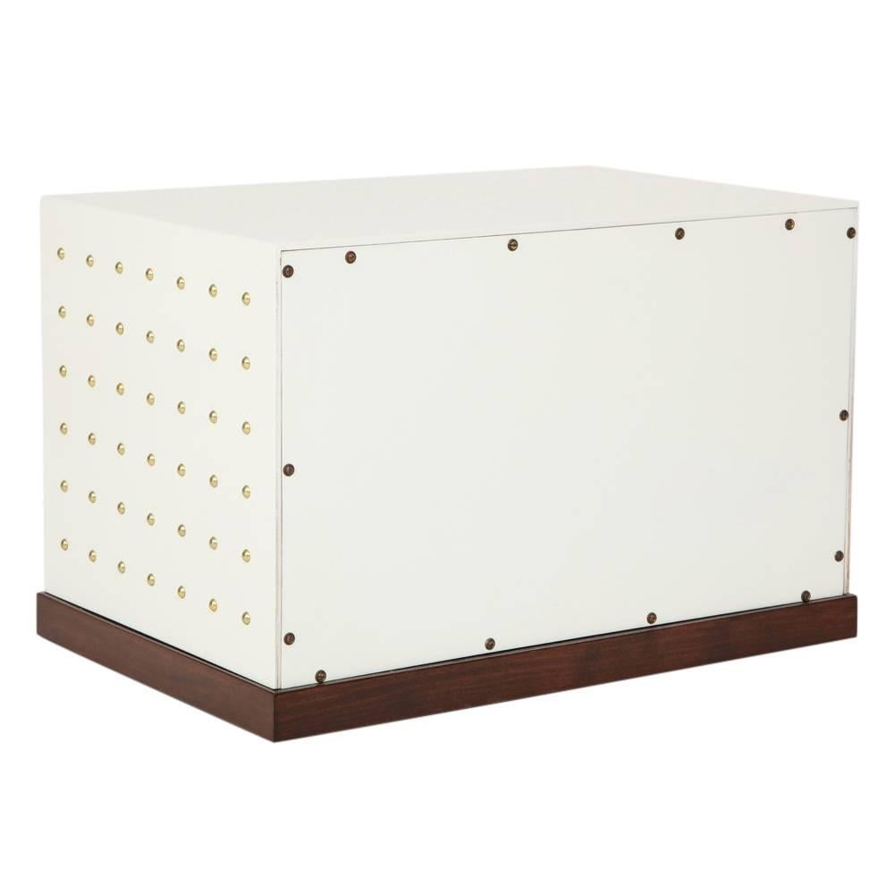Mid-Century Modern Tommi Parzinger Chest, White Lacquer, Brass Studded For Sale
