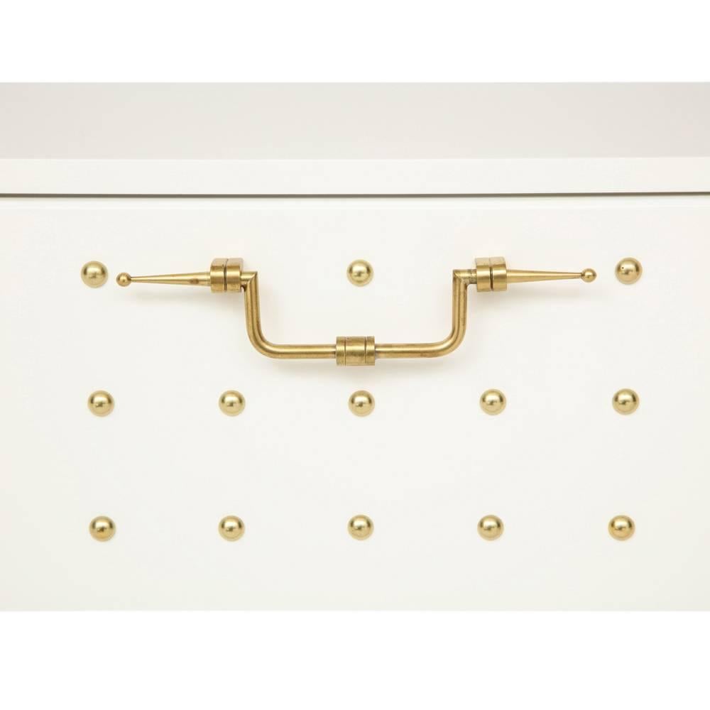 Lacquered Tommi Parzinger Chest, White Lacquer, Brass Studded For Sale